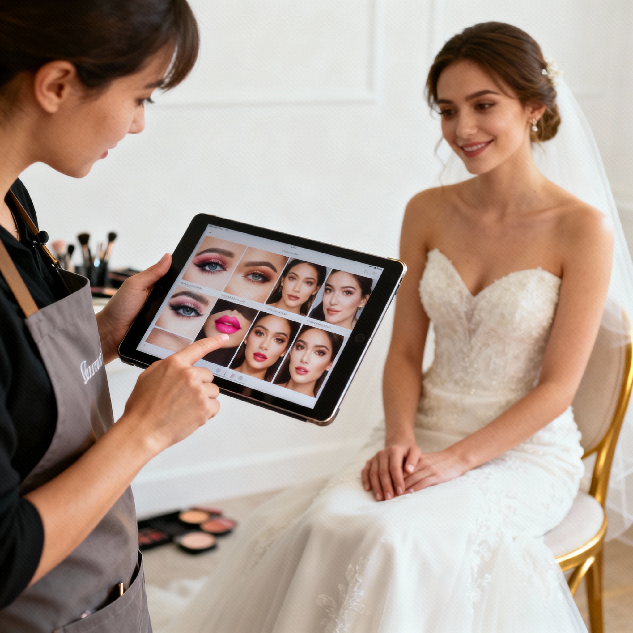 Bride reviewing makeup artist's portfolio on tablet
