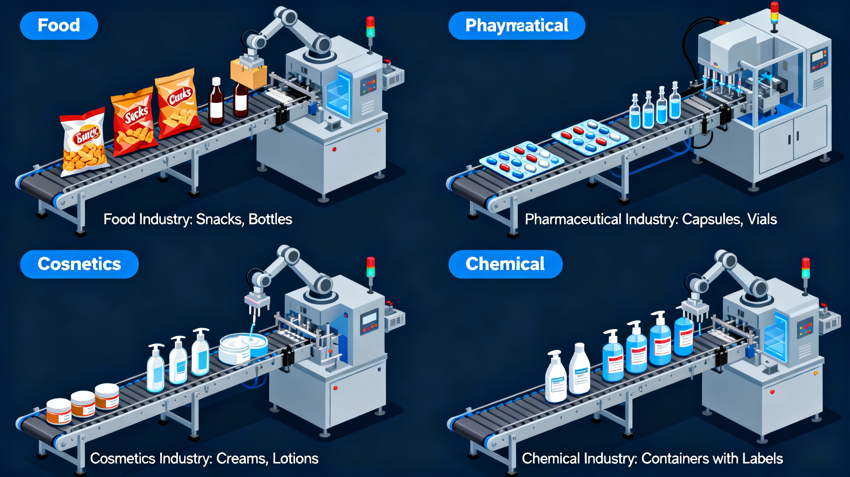 Applications of Packaging Machines in Food, Pharmaceutical, Cosmetics, and Chemical Industries.