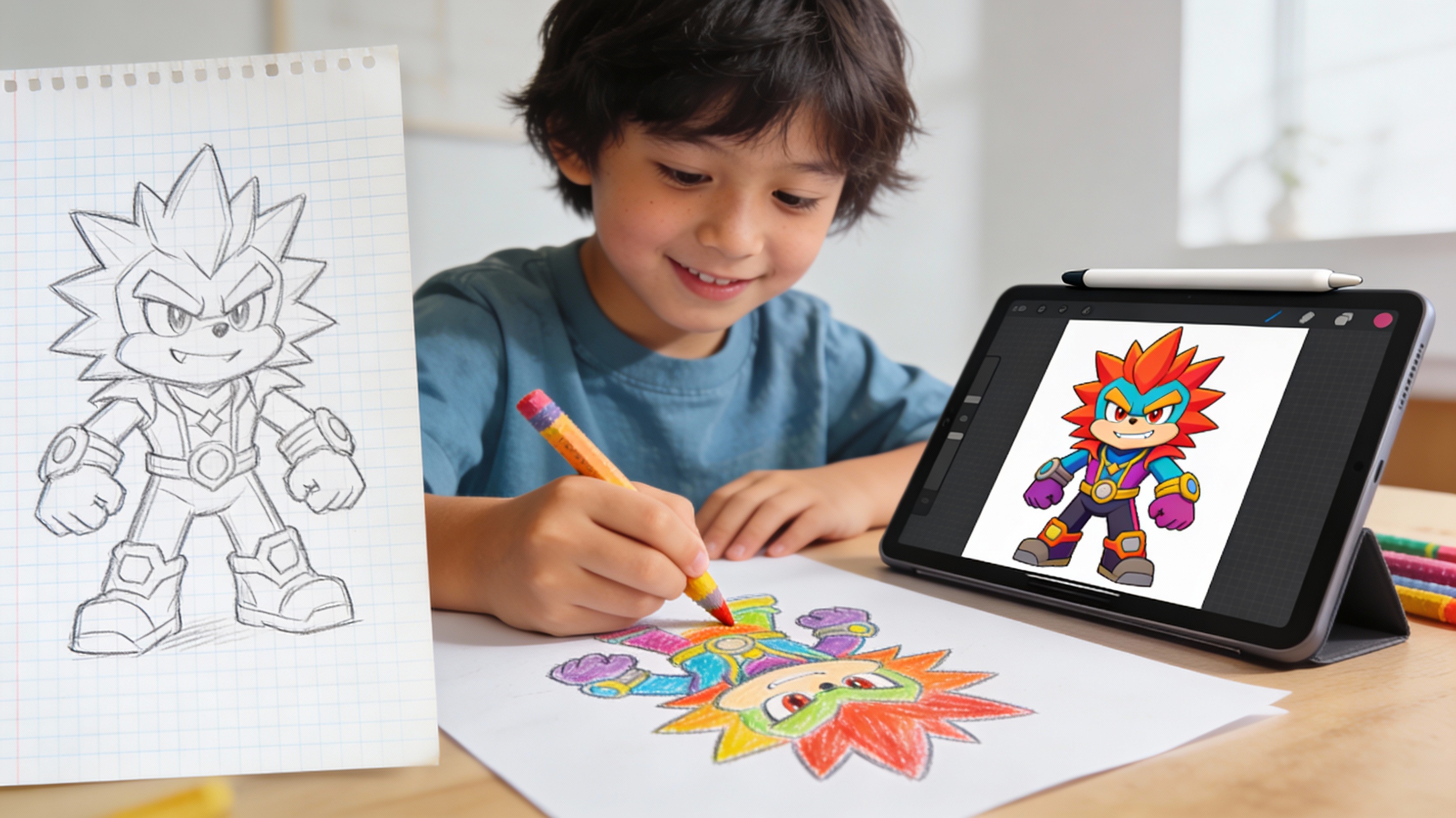 Montage zeigt verschiedene kreative Techniken: Freihandzeichnung, digitales Kolorieren auf Tablet, Skizze auf kariertem Papier