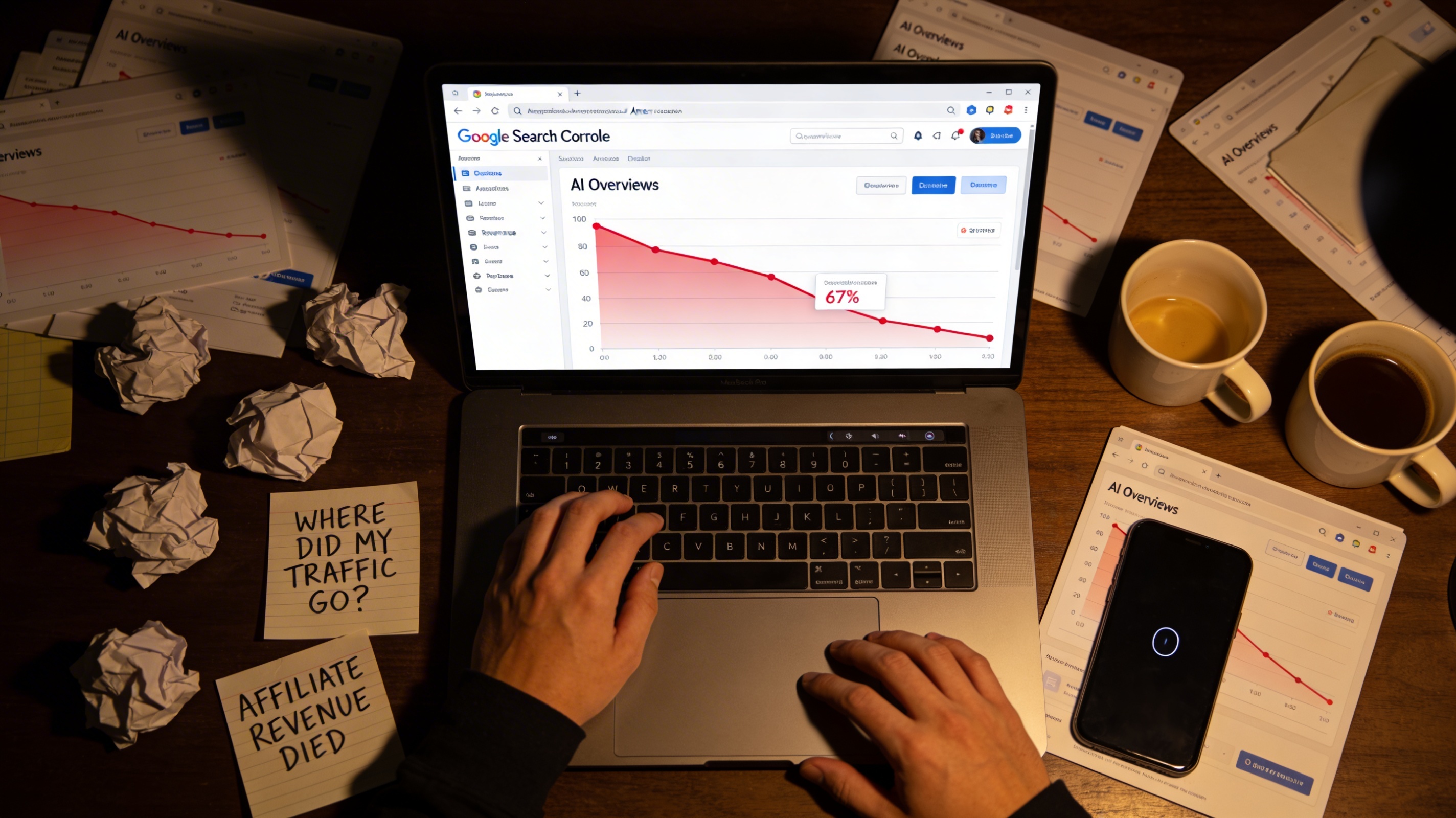 Photorealistic overhead shot of American affiliate marketer's desk showing laptop with Google Search Console displaying 67% declining traffic graph in red, AI Overview boxes in search results, stressed face, crumpled notes about disappearing traffic.