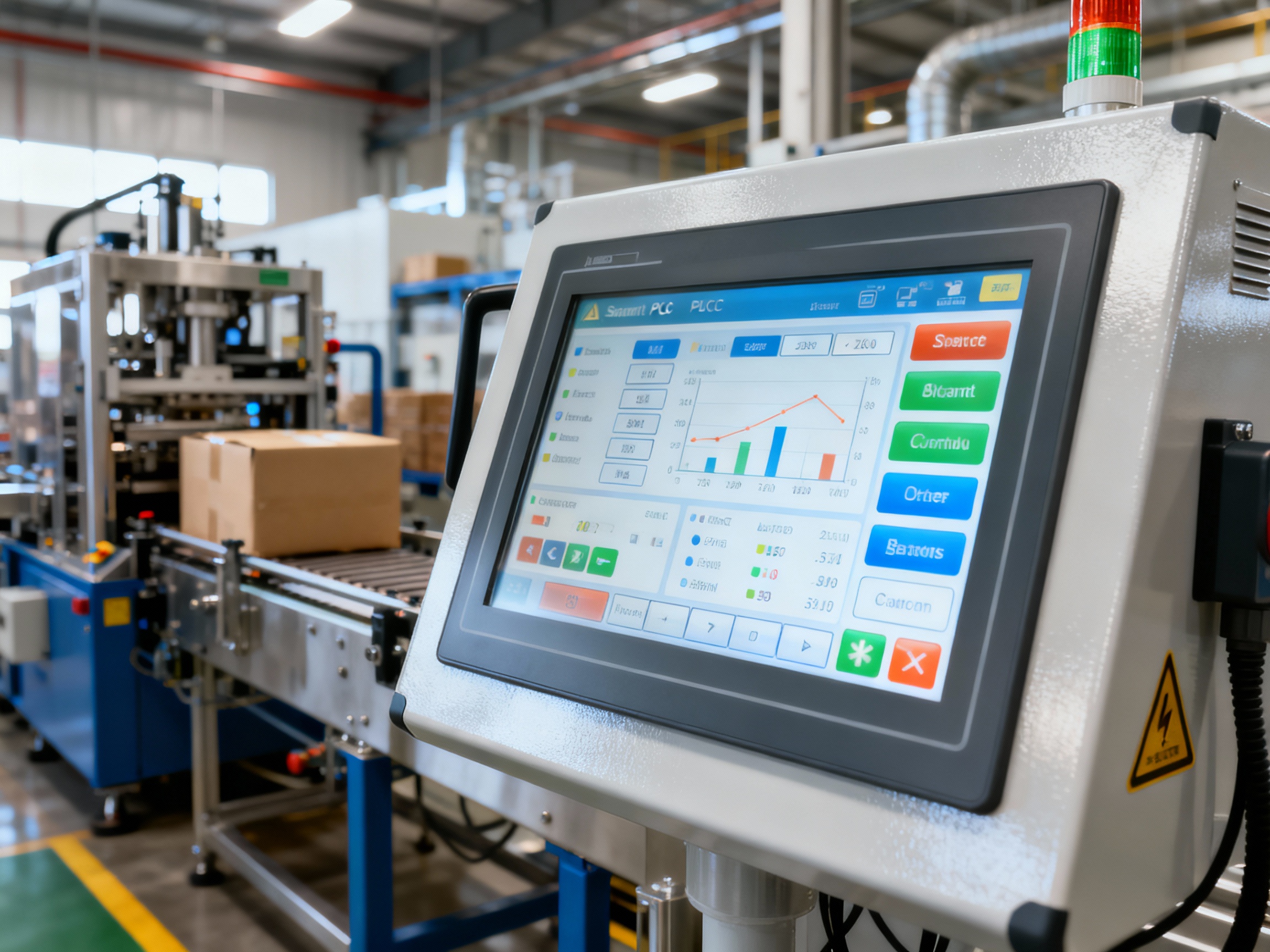 Smart PLC Control with Touch Screen Interface on Packaging Equipment.