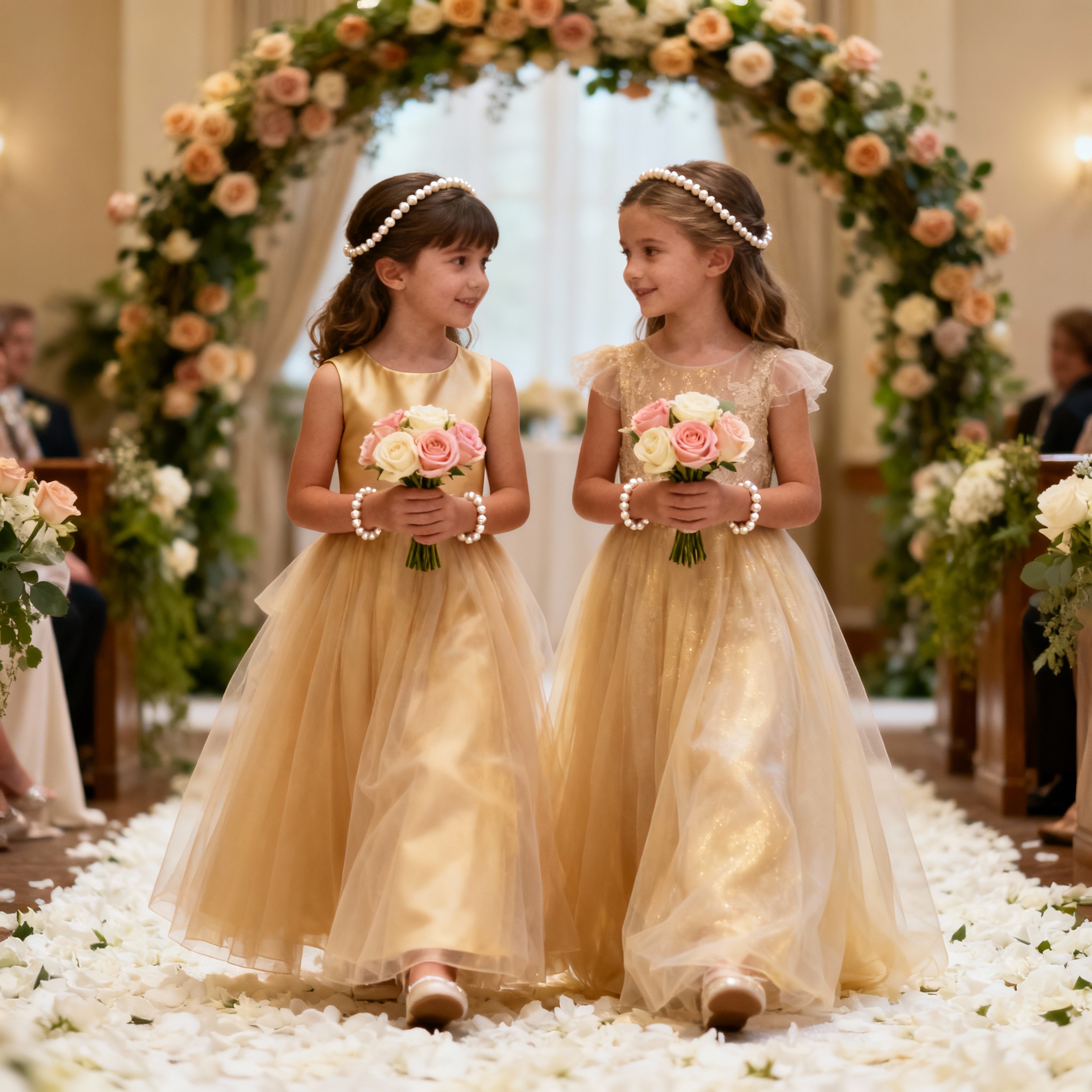 Two young flower girls in champagne and ivory tulle dresses