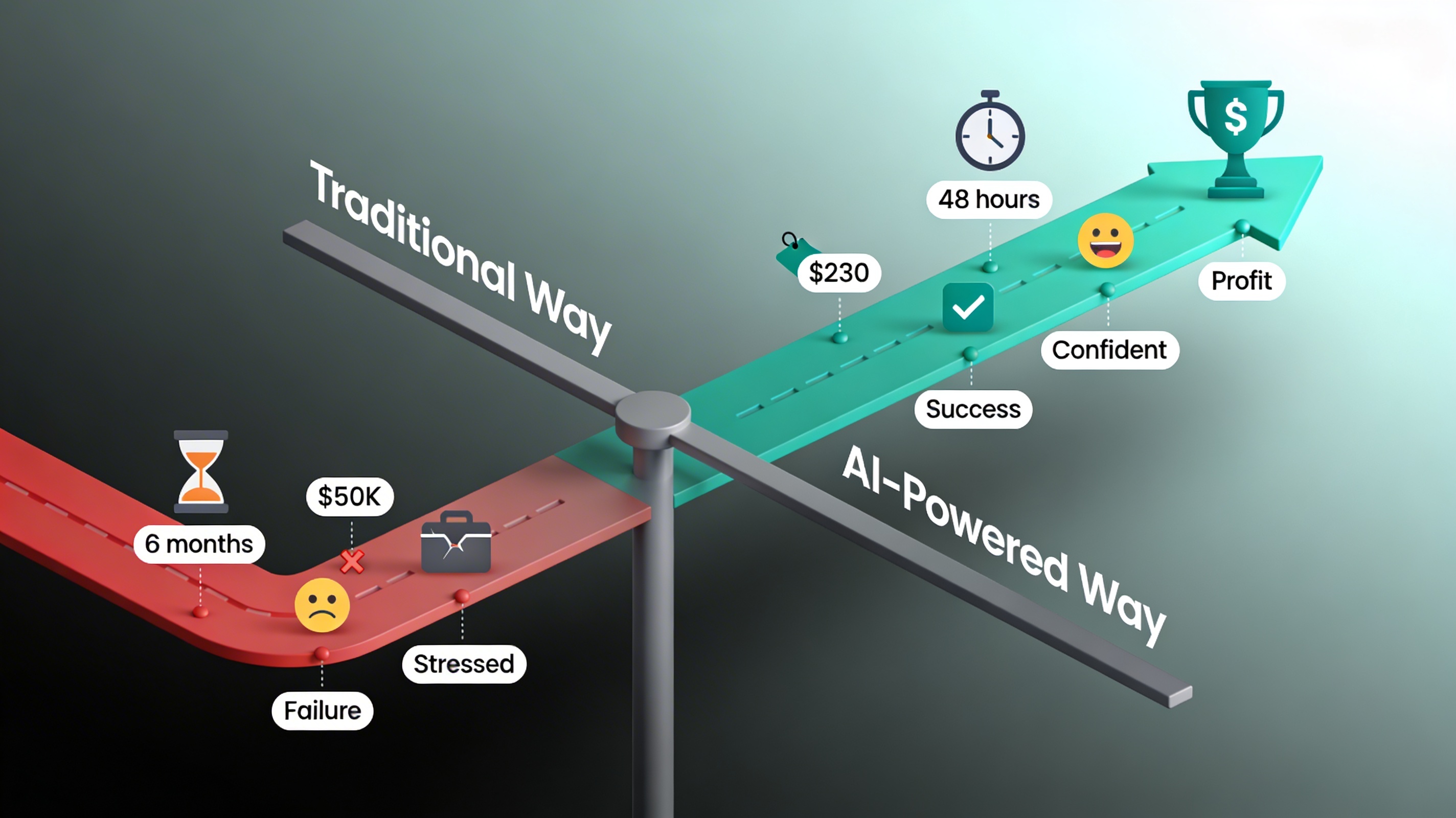 Two Business Owner Paths Comparison - Traditional vs AI-Powered Success Journey