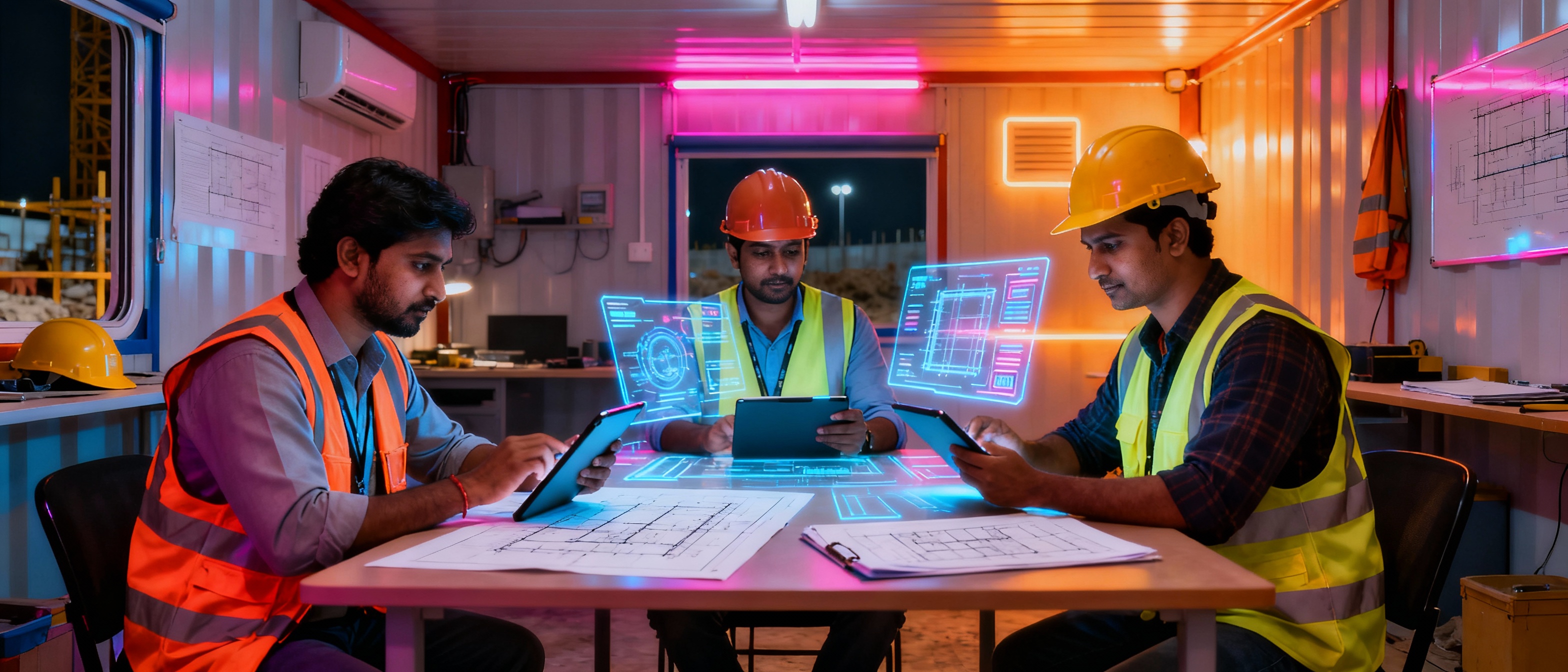 Construction site trailer and field team using digital plans