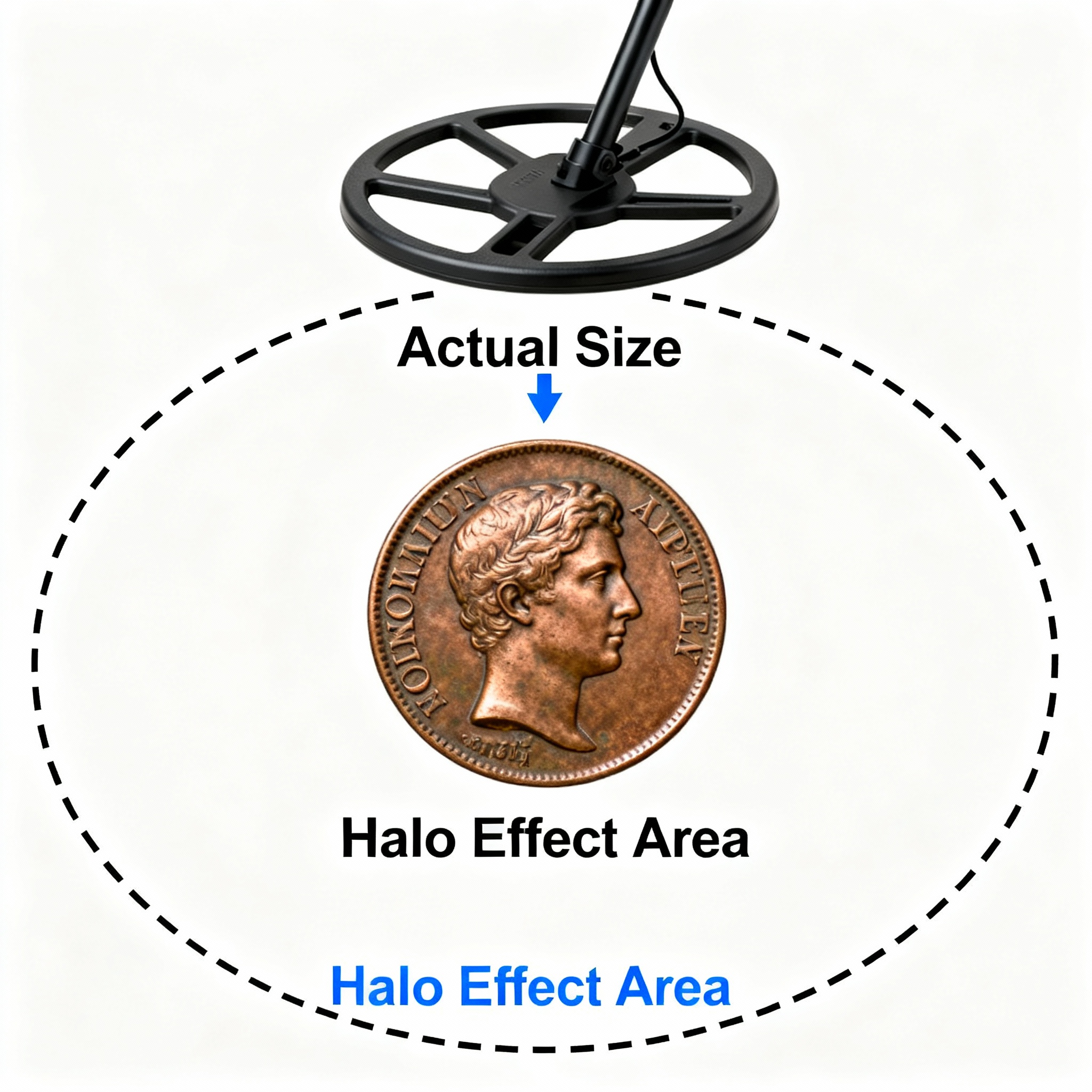 Illustration de l'effet halo : une cible métallique oxydée apparaît plus grande au détecteur