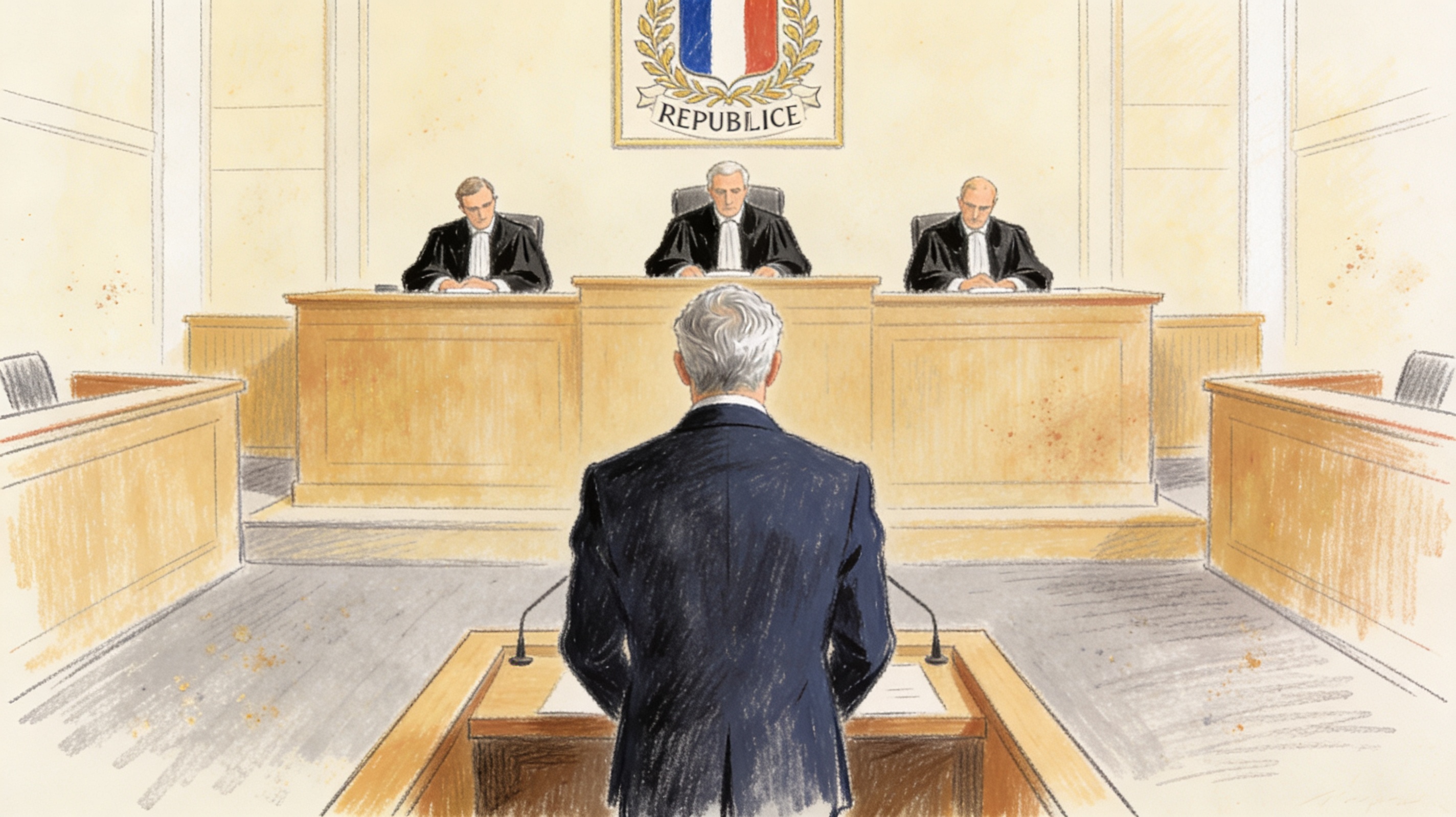 Dessin d'audience — le prévenu de dos face aux juges au tribunal correctionnel de Paris, procès Lafarge novembre 2025
