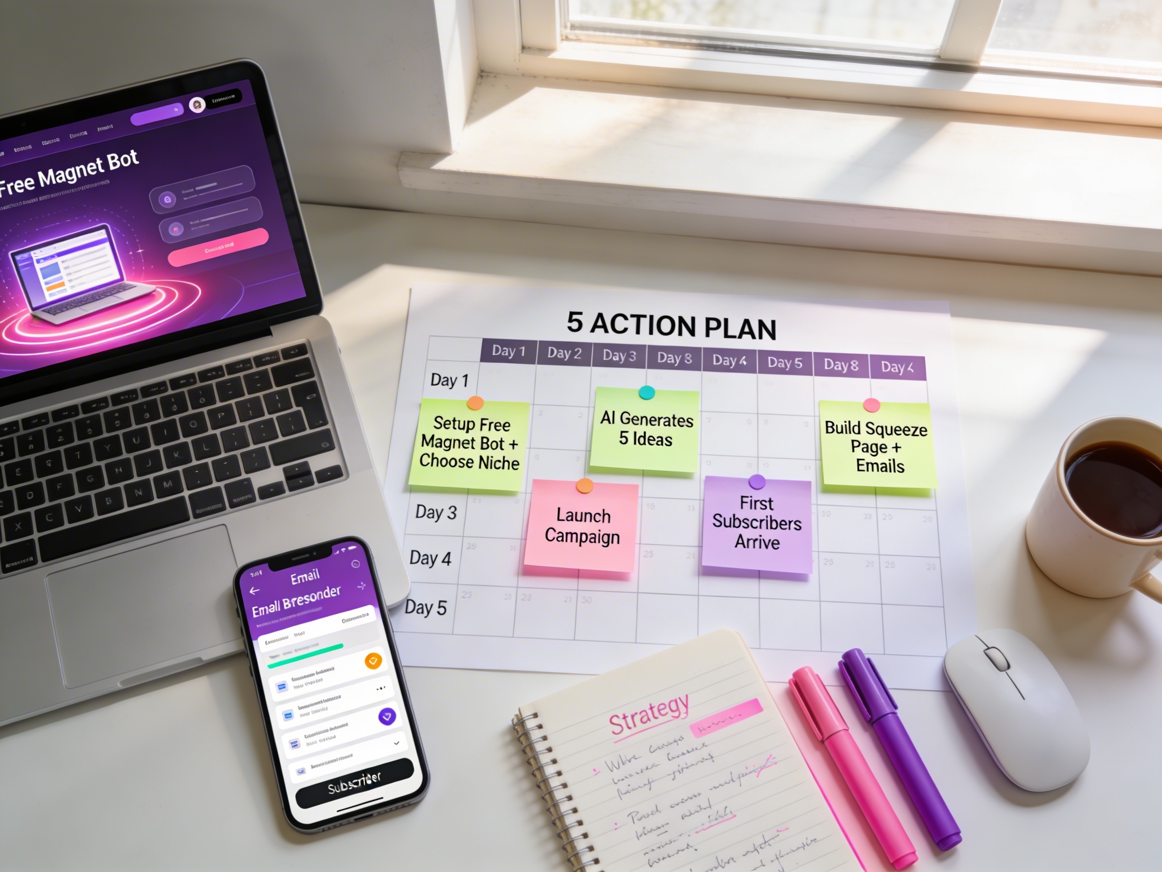 Photorealistic overhead view of organized desk with 5-day calendar planner, colorful sticky notes marking tasks for each day, laptop showing Free Magnet Bot interface with purple and pink glowing screen, smartphone with email autoresponder dashboard, notebook with strategy notes, highlighters, coffee mug, morning sunlight, motivational productive atmosphere