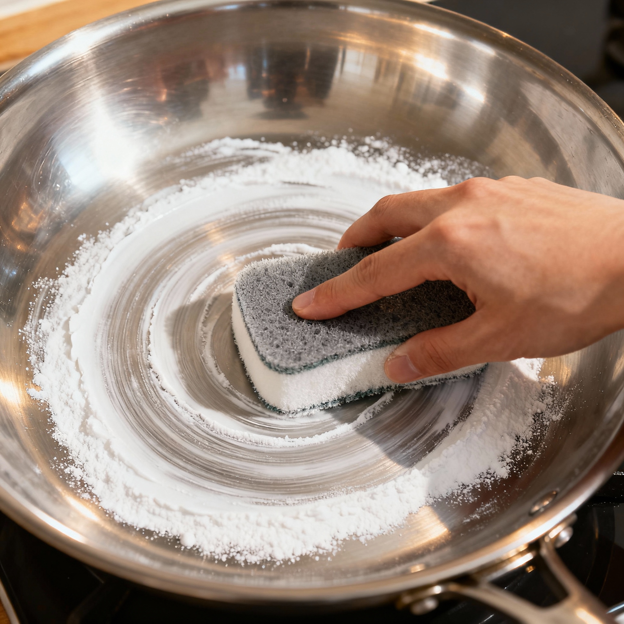 Step 2: Applying baking soda paste and scrubbing with non-abrasive sponge