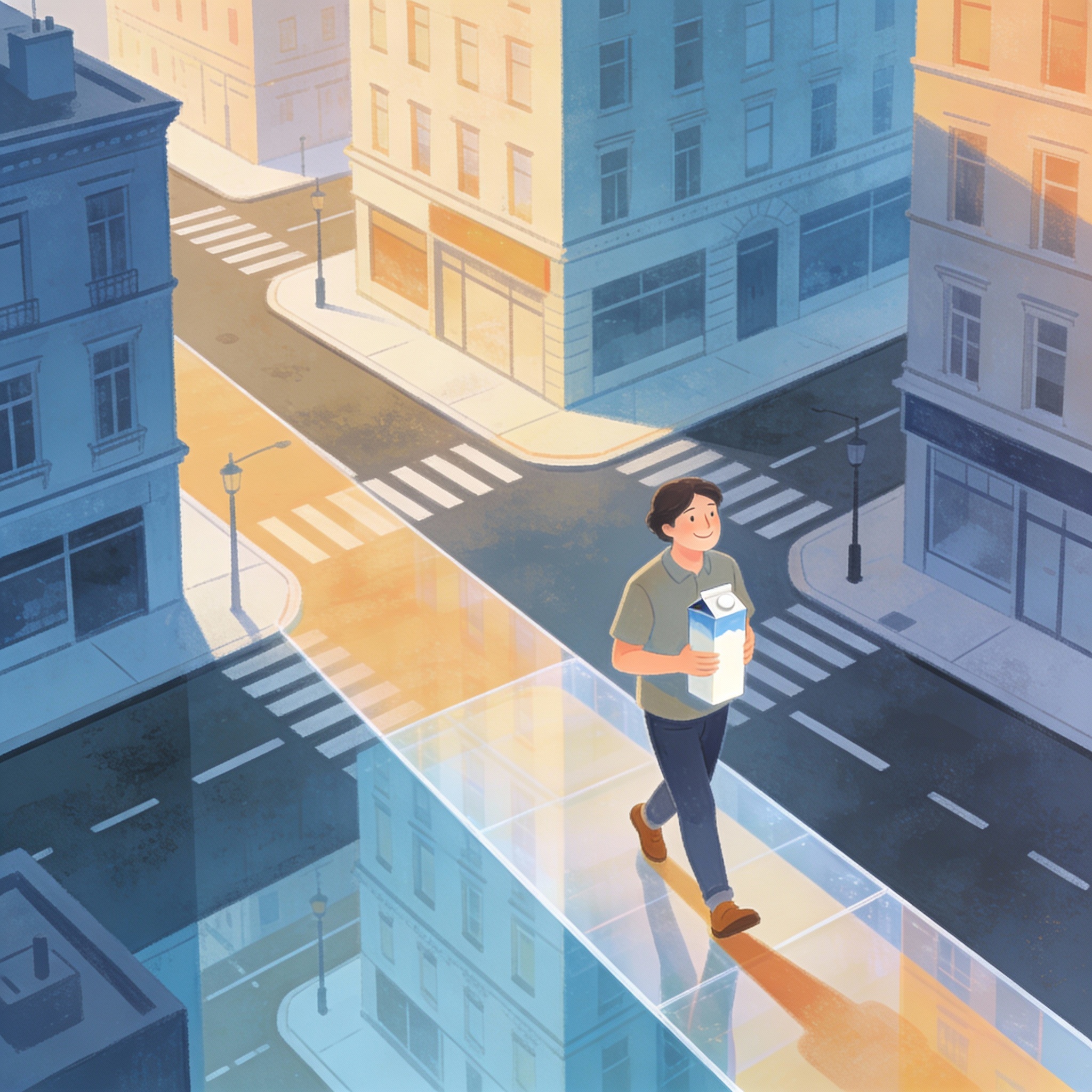 Person walking in parallel world, holding milk, surrounded by misaligned cityscape