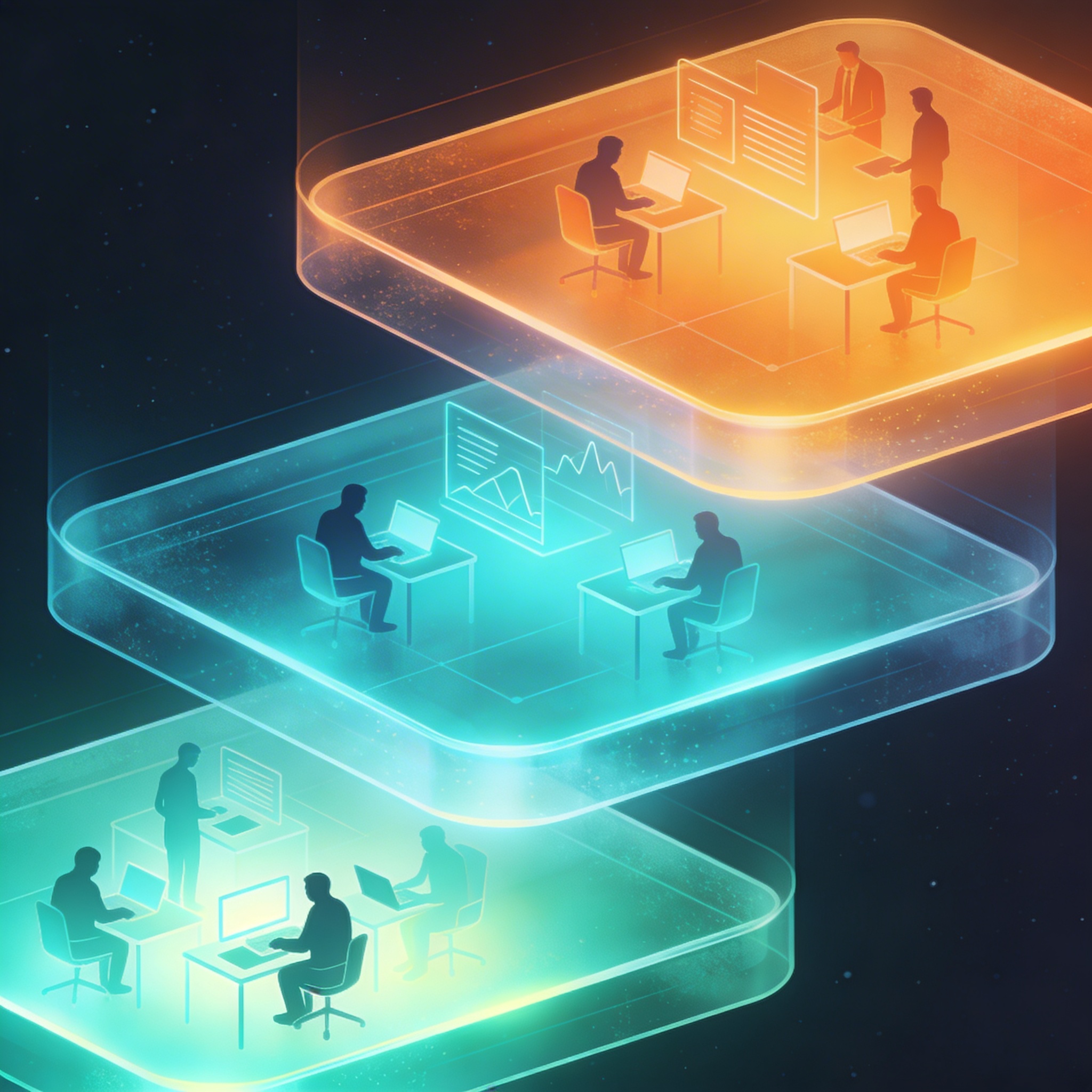 Three ascending illuminated platforms representing the Foundation, Intermediate and Advanced AI learning layers