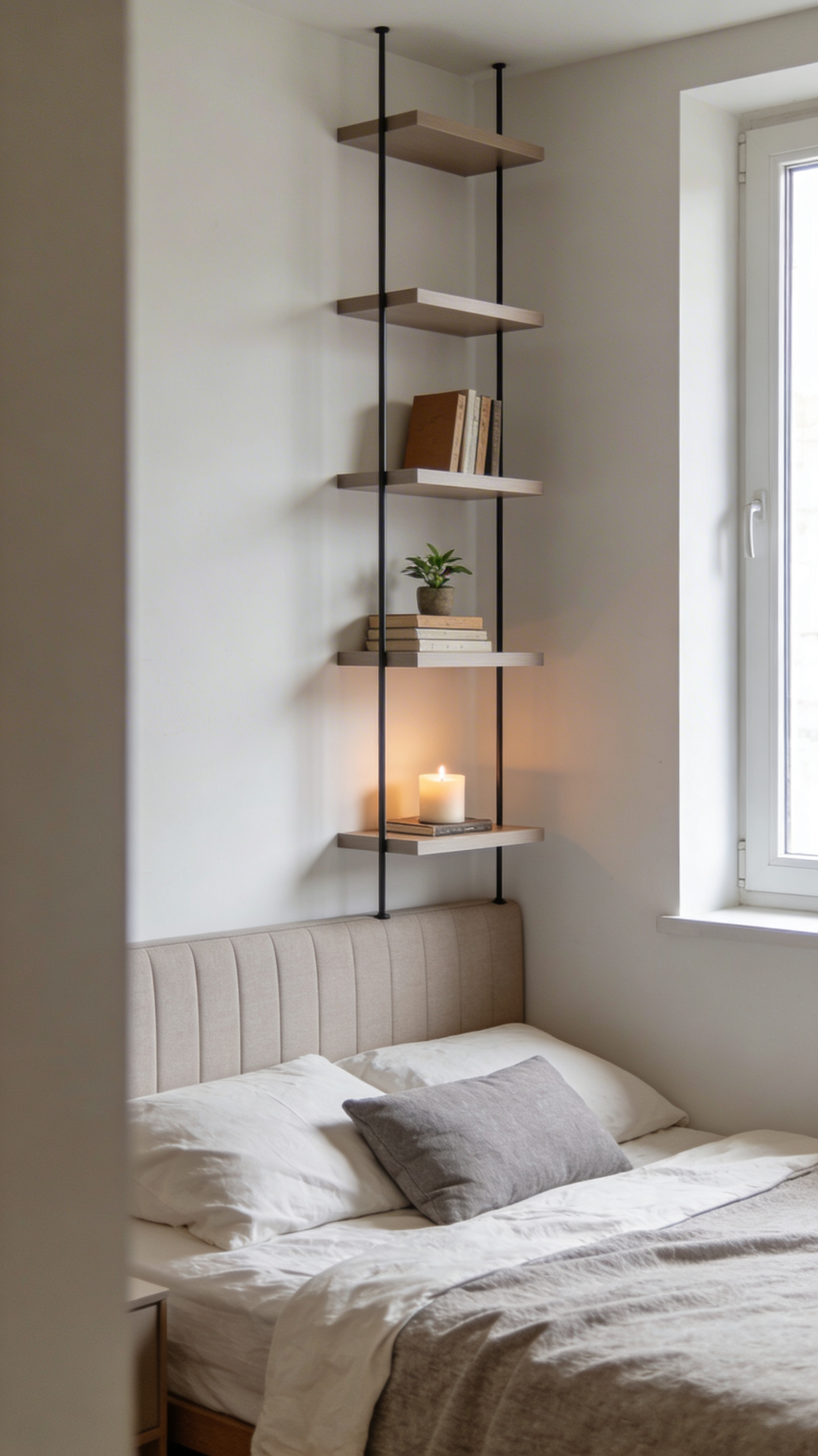 Small bedroom with vertical floating shelves above the bed in a neutral palette