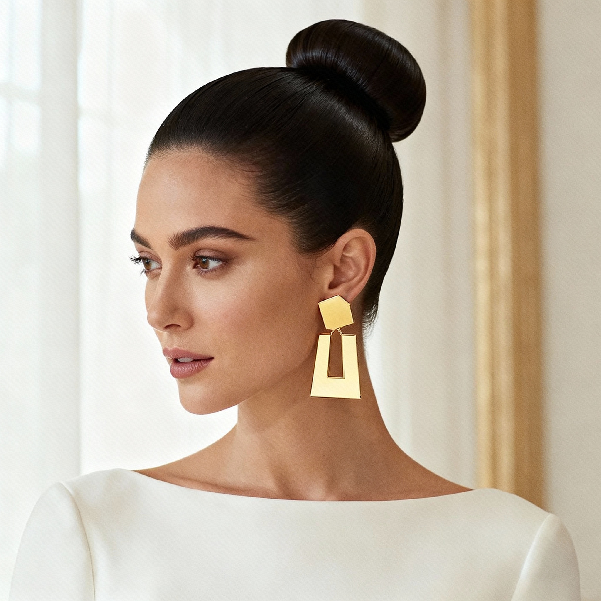 Woman with sleek high bun and dramatic statement earrings, minimalist chic wedding hair