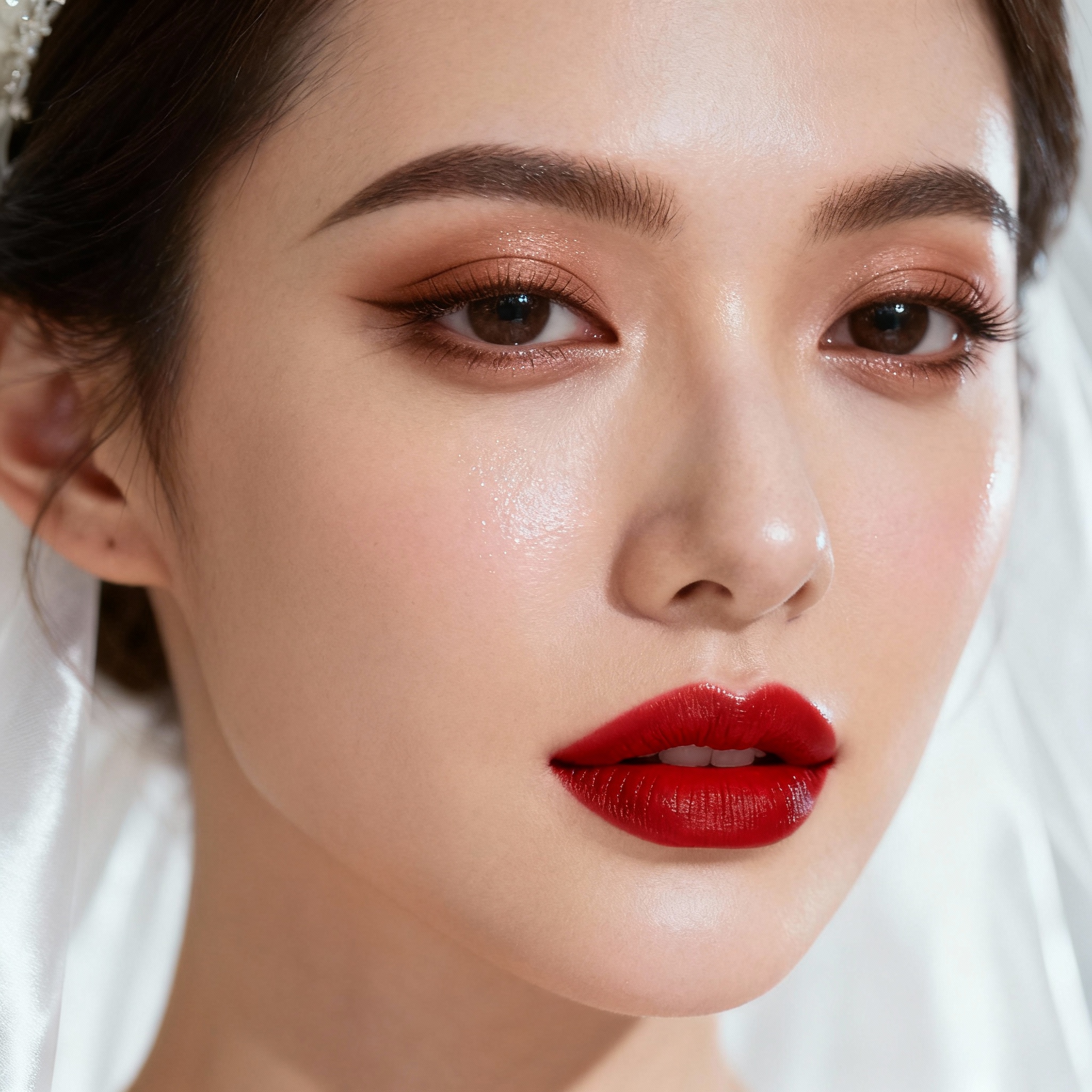 Bridal beauty with satin red lip and minimal eyes