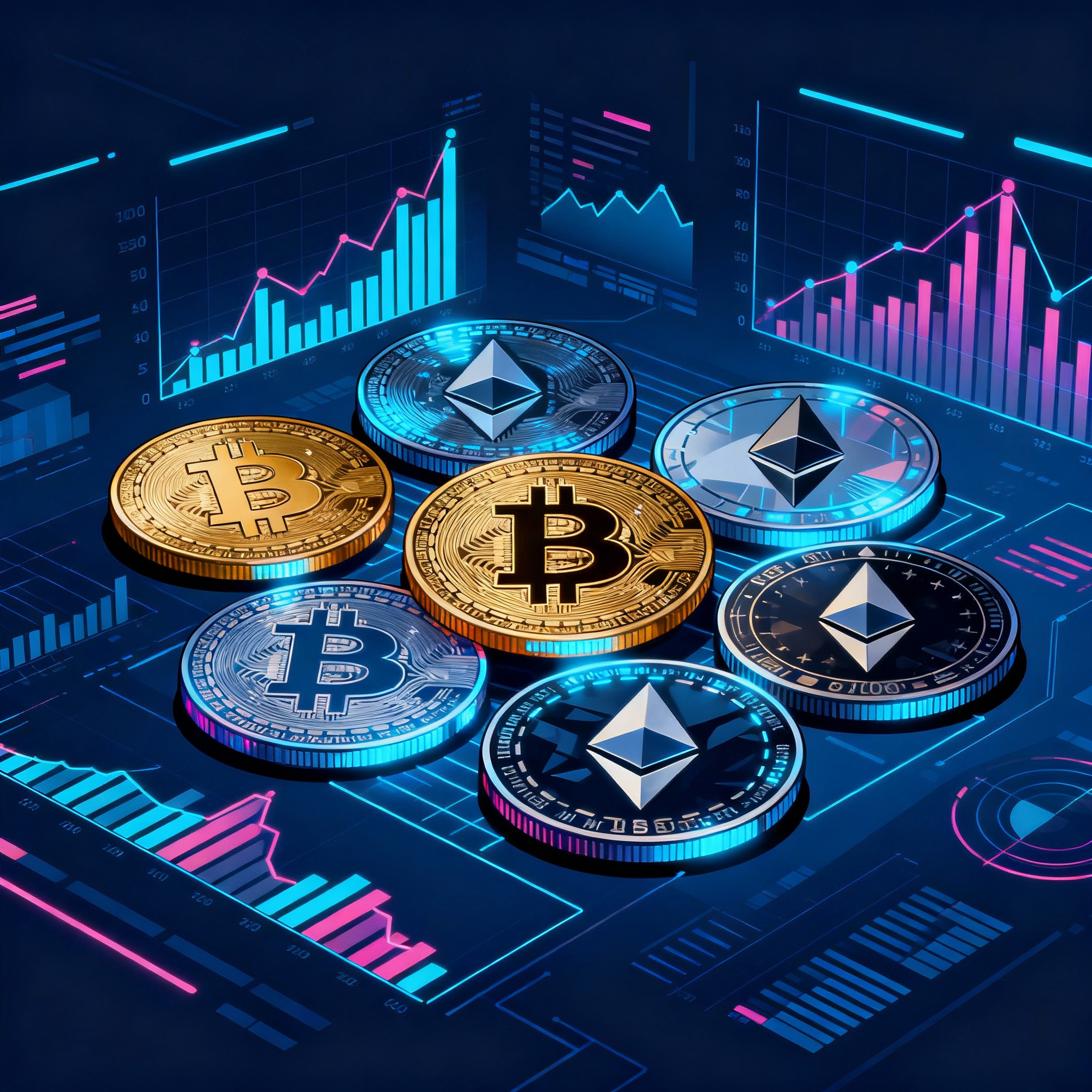 Ilustração de múltiplas criptomoedas com gráficos e símbolos digitais