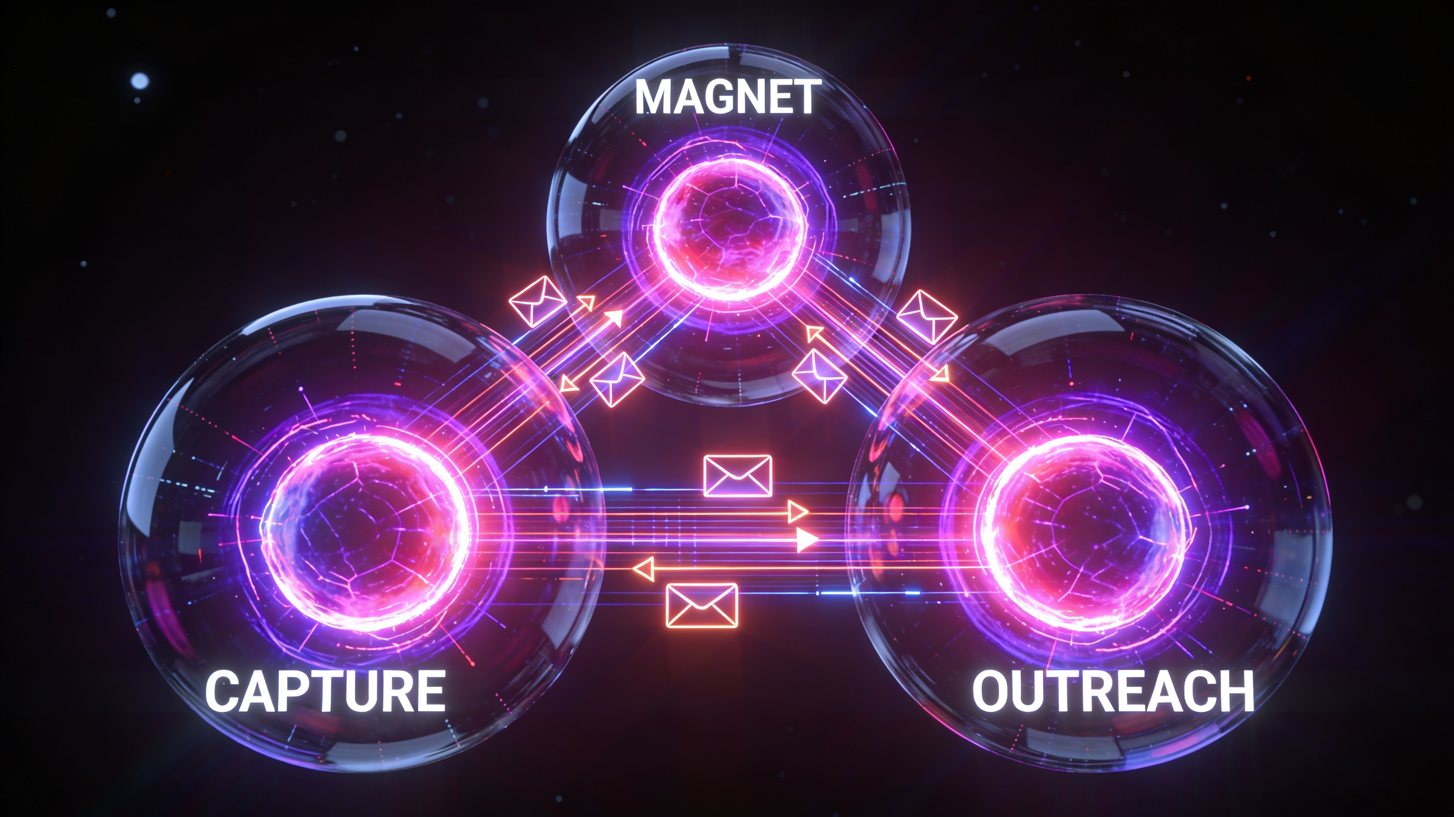 Futuristic holographic visualization of three interconnected AI tools floating in dark space with neon pink and purple glowing energy streams flowing between nodes labeled MAGNET, CAPTURE, and OUTREACH representing the complete automated email empire stack