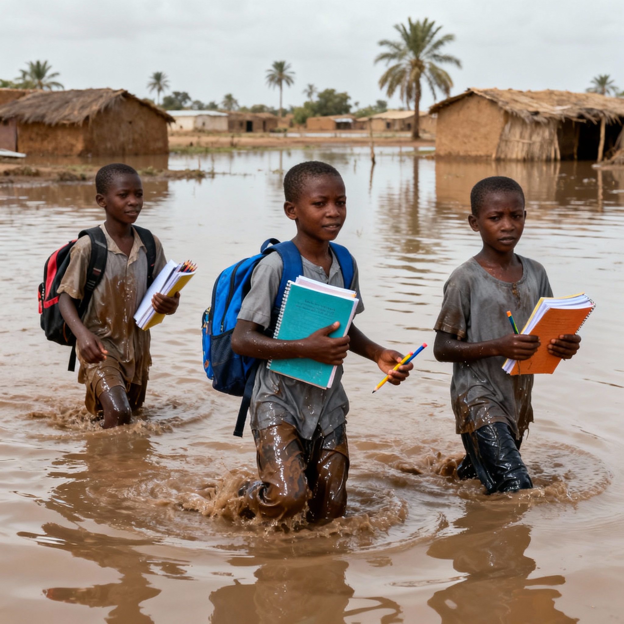Sudanese children navigating flood waters with determination to continue their education