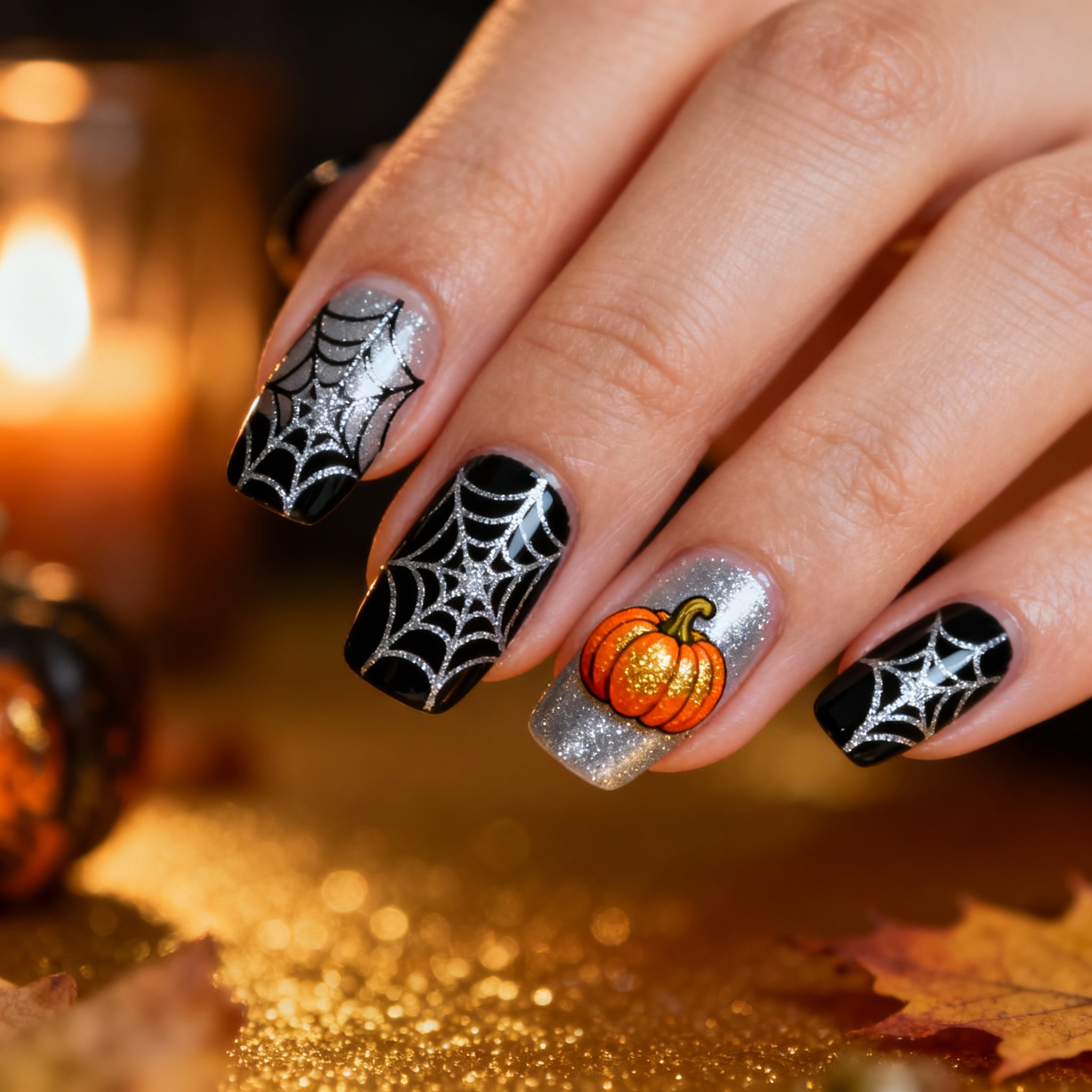 Spider web Halloween nails with cozy autumn atmosphere