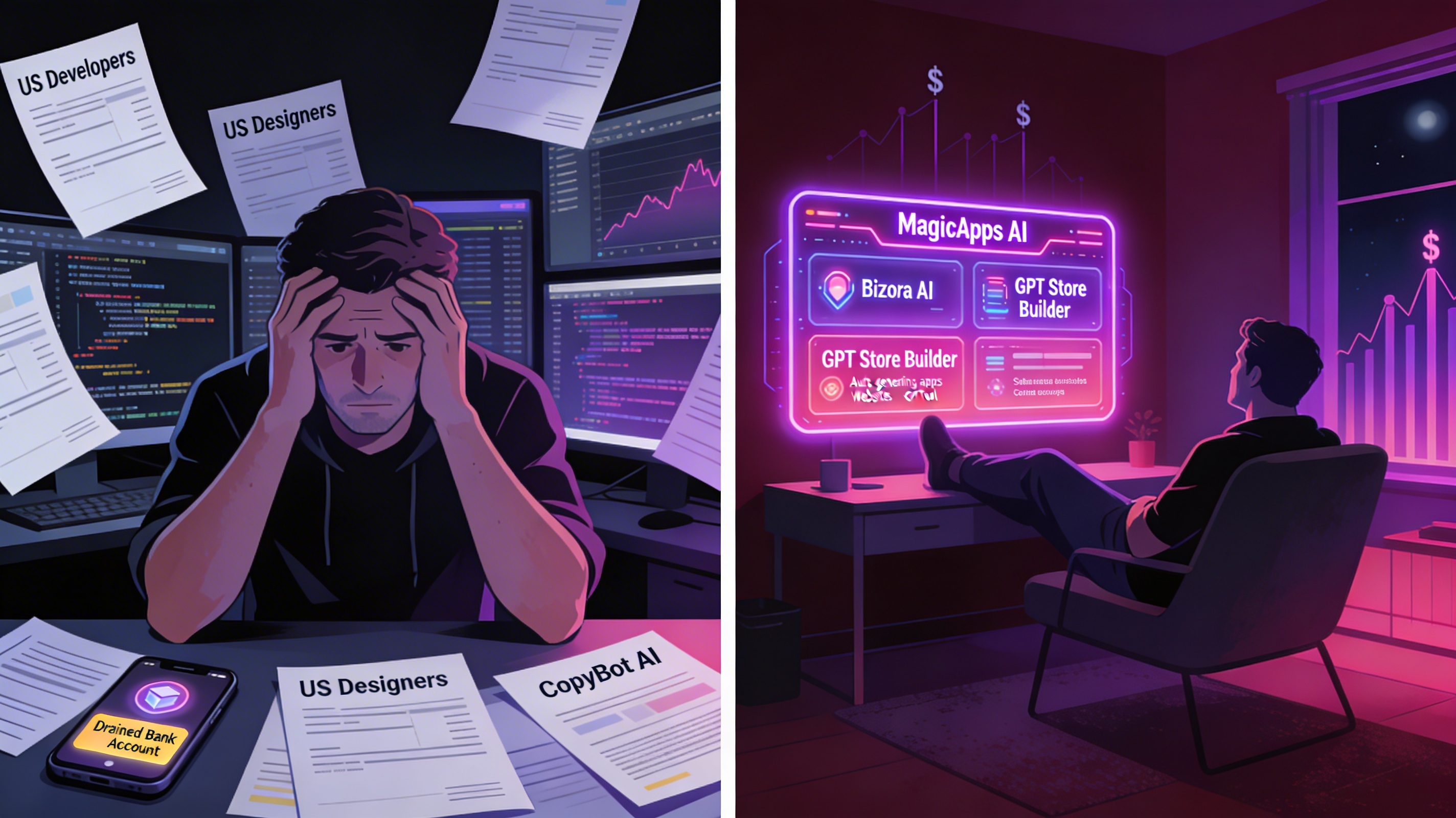 Cinematic split-screen hero image showing stressed solopreneur paying US developers versus relaxed creator using MagicApps AI, Bizora AI, GPT Store Builder, and CopyBot AI on a glowing dashboard to build AI apps without coding.