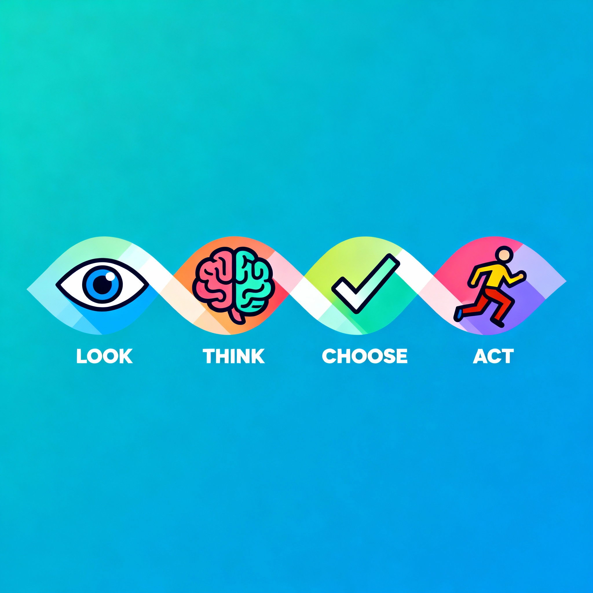 Stylish unified logo for LOOK THINK CHOOSE ACT: icons arranged in flowing sequence, labeled, modern, vibrant