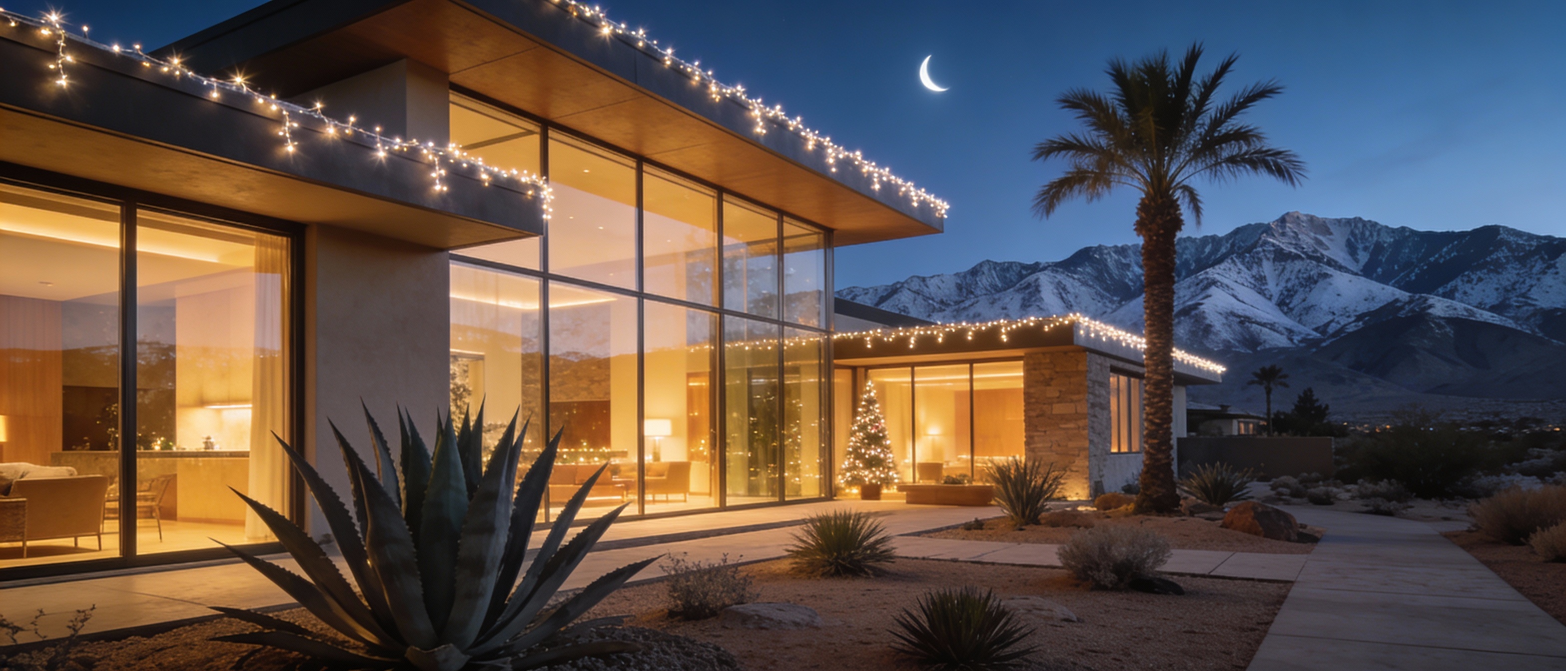 A modern luxury home in a Nevada desert landscape at dusk, with warm glowing interior lighting, infinity pool, and mountain views, representing premium Nevada real estate in December 2025