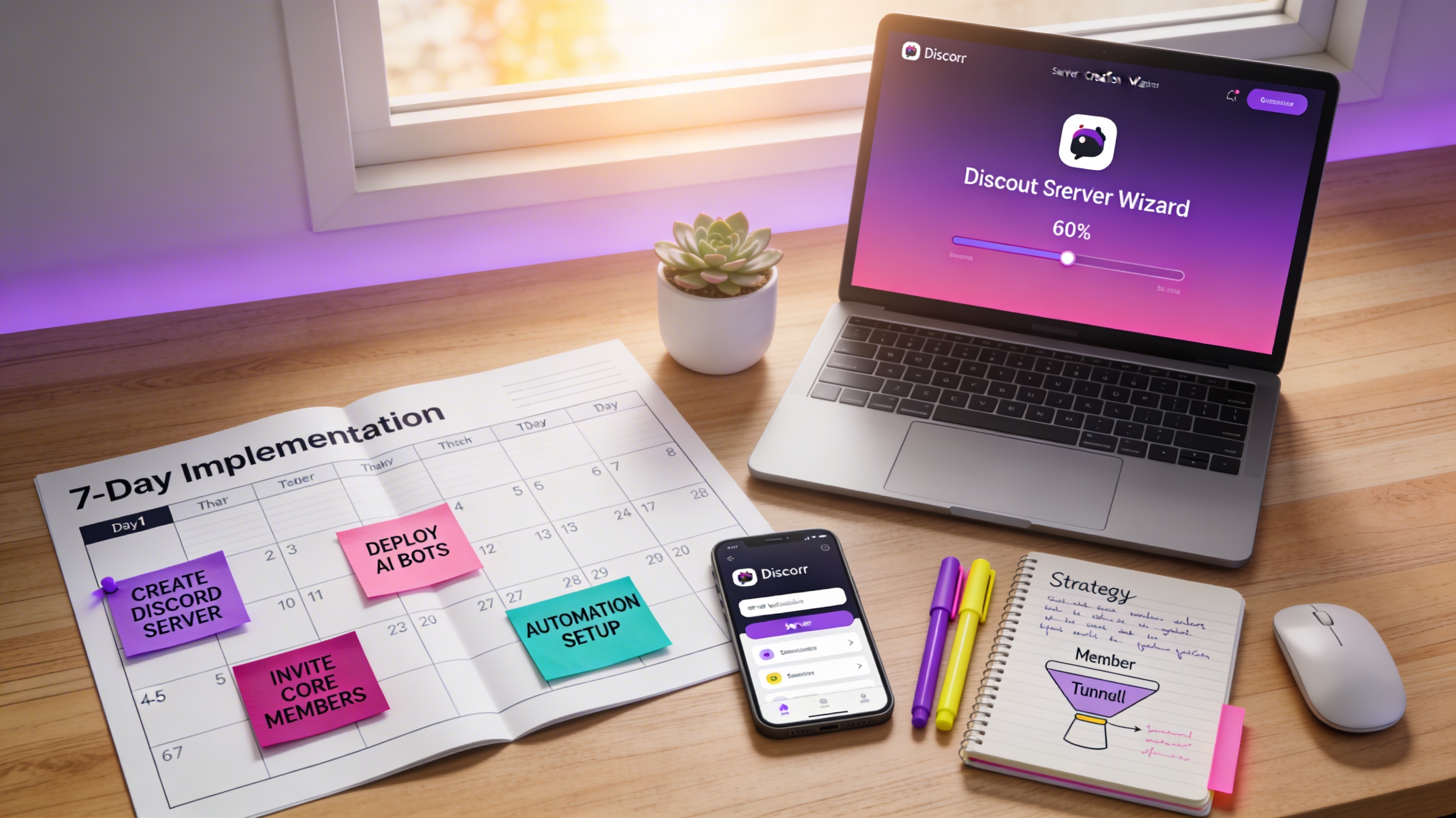 Photorealistic overhead view of organized modern wooden desk with 7-day calendar planner spread open with colorful sticky notes showing Day 1 SETUP AI TOOLS, Day 2-3 CONFIGURE SCRAPING, Day 4-5 GENERATE LEAD MAGNETS, Day 6-7 CRM INTEGRATION, laptop showing AI lead generation dashboard with purple and pink gradient interface, morning sunlight
