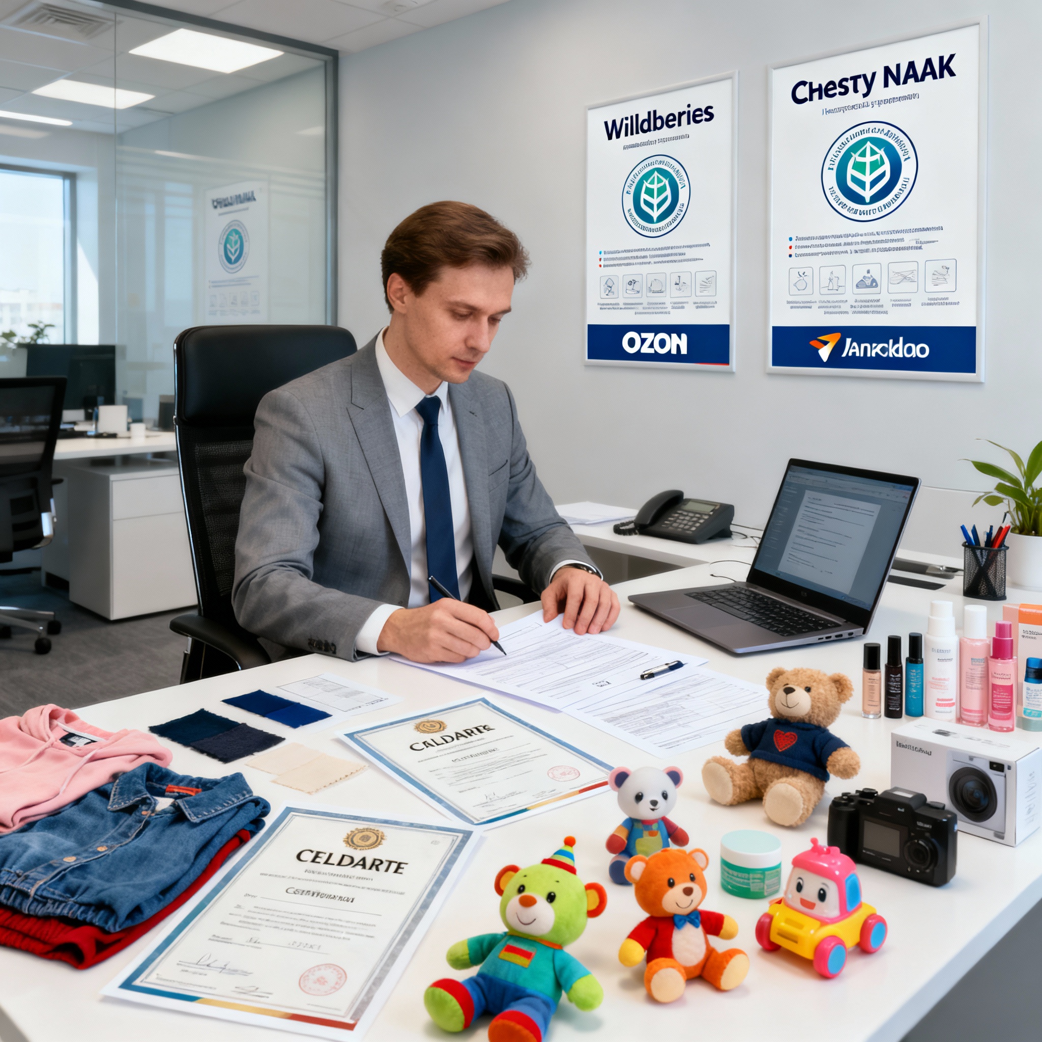 Эксперт оформляет сертификаты и декларации для маркетплейсов в офисе центра сертификации.