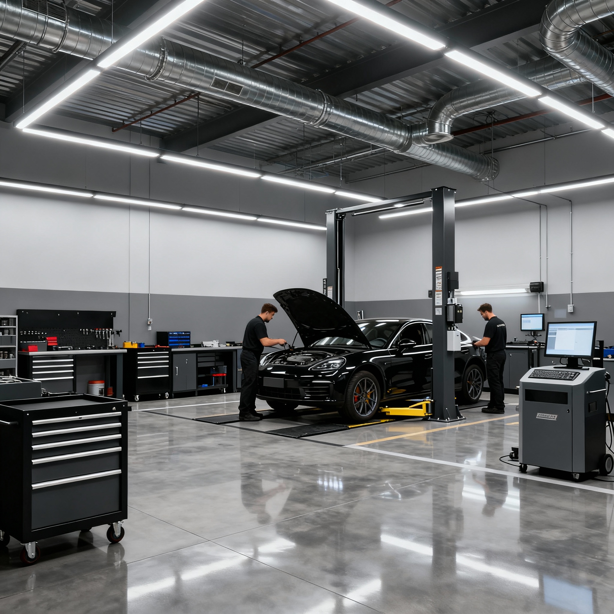 Modern professional car garage interior with clean workspace