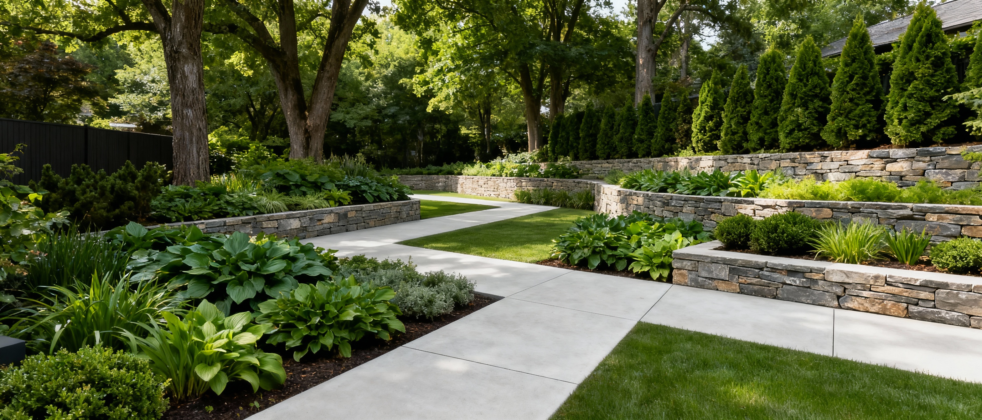 Modern landscape garden with professional hardscaping