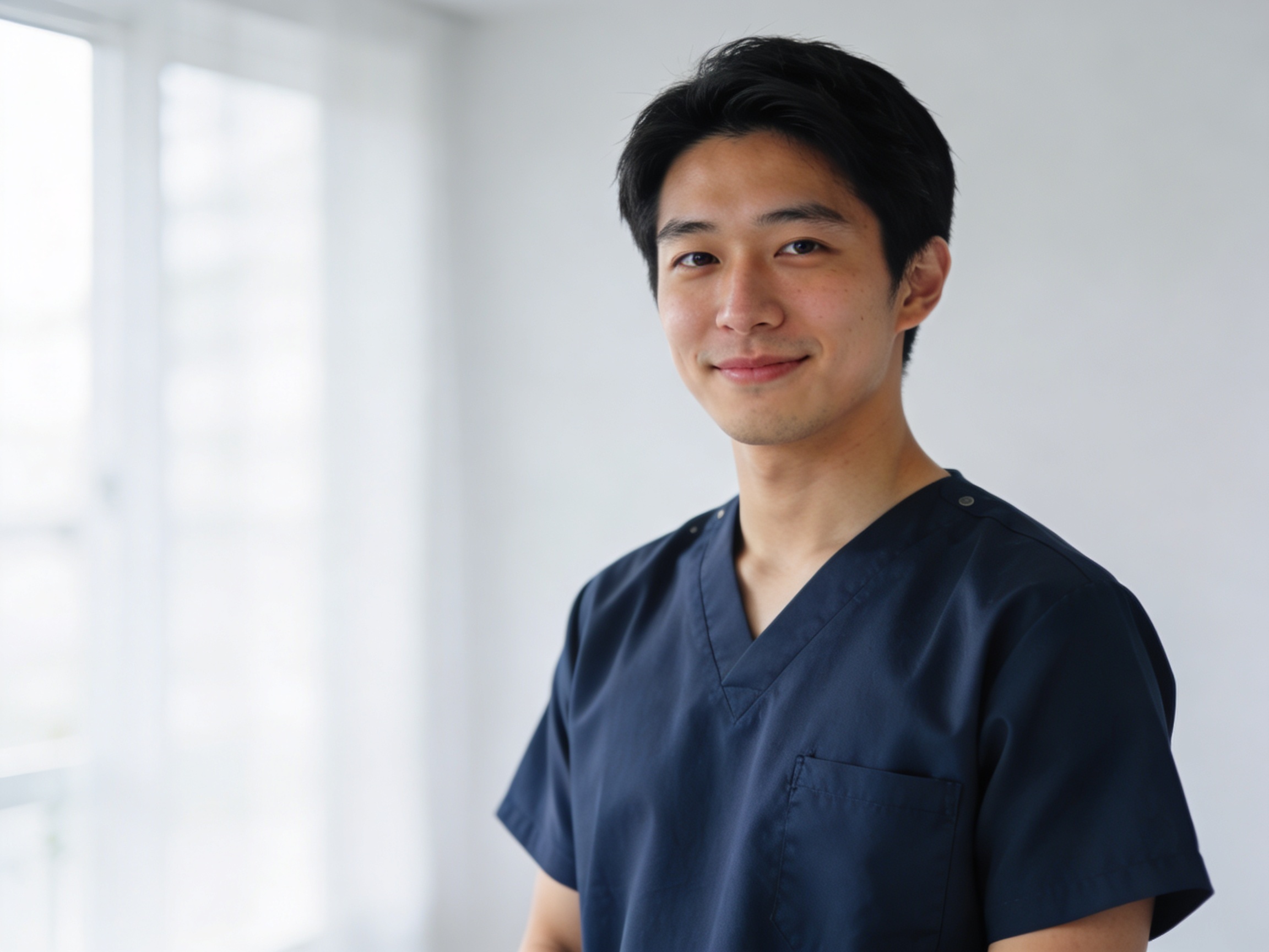 紺色スクラブを着た20代後半の男性鍼灸師が自信を持って立っているポートレート