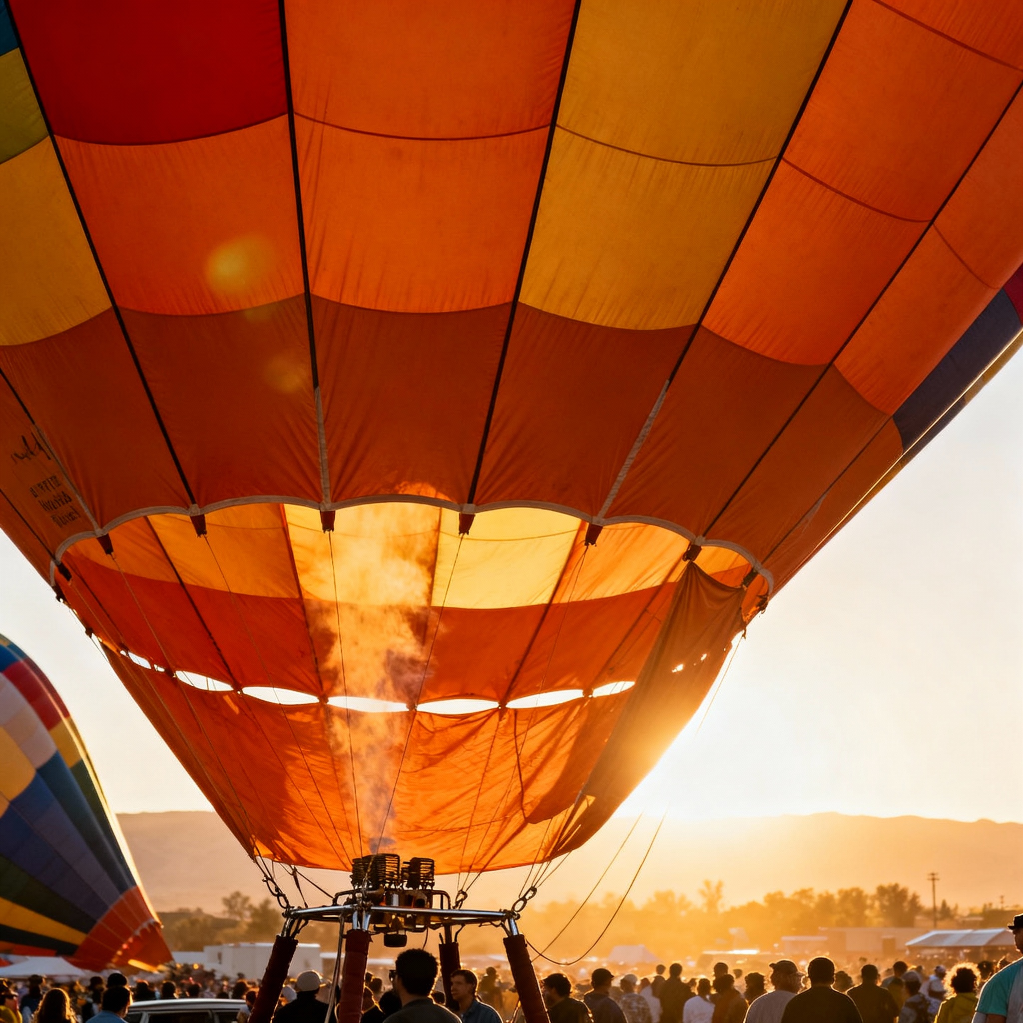 Close-up view of hot air balloon envelopes being inflated with vibrant colors at Albuquerque Balloon Fiesta