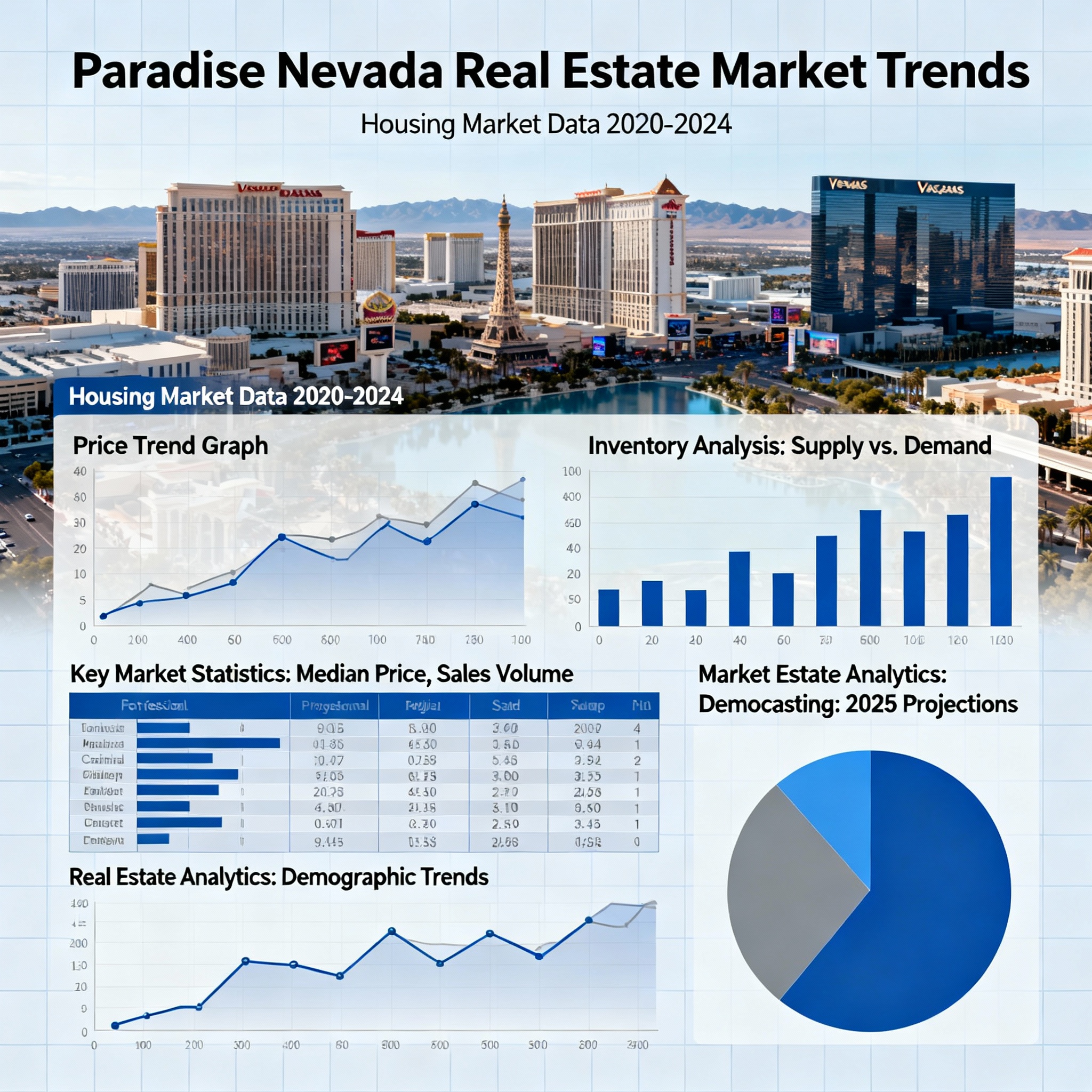 Paradise Nevada real estate market trends featuring housing market data charts, price trend graphs, inventory analysis, market statistics, Las Vegas Strip skyline, real estate analytics, and market forecasting excellence