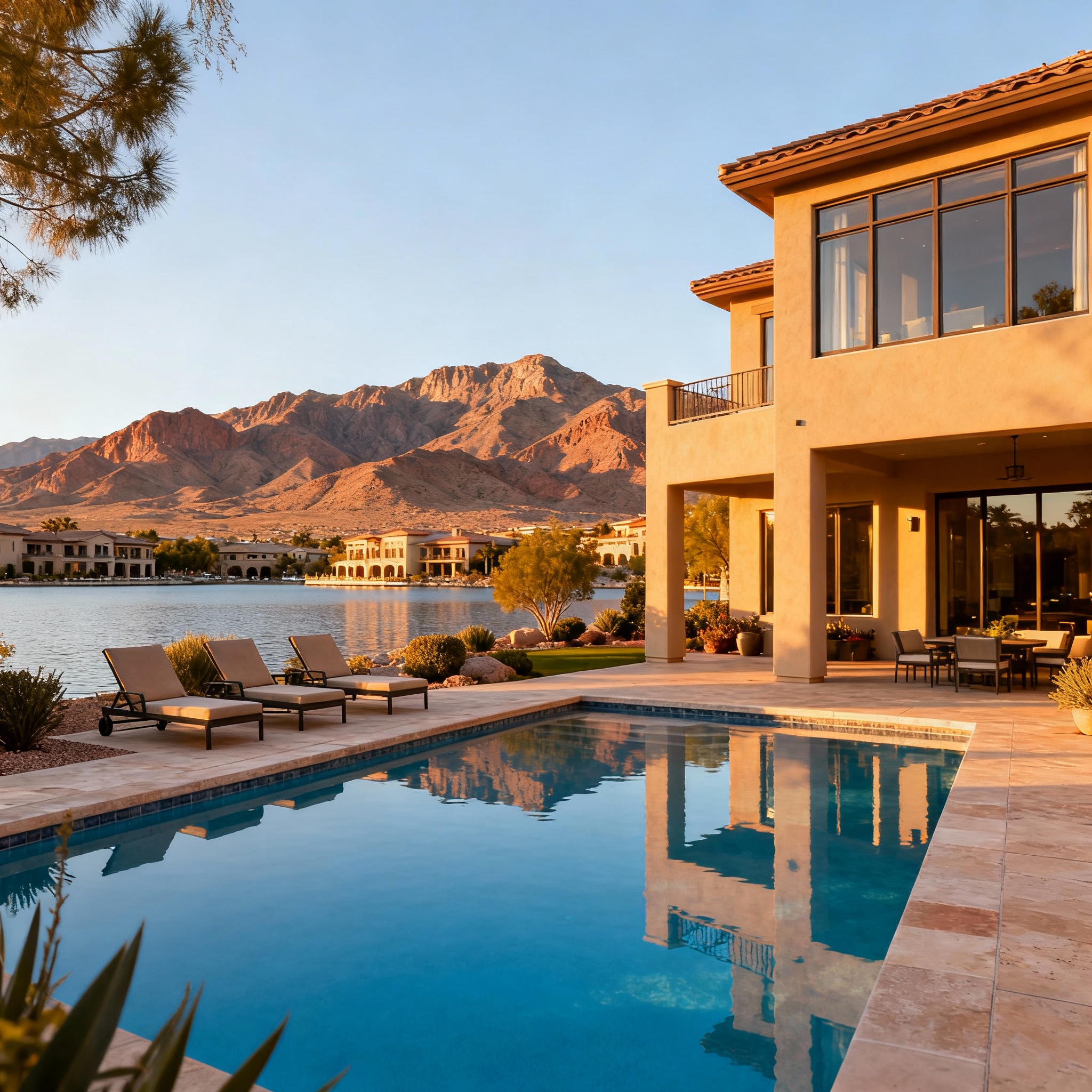Henderson Nevada luxury vacation homes with pools and desert mountain views featuring Lake Las Vegas waterfront properties and resort-style rental amenities