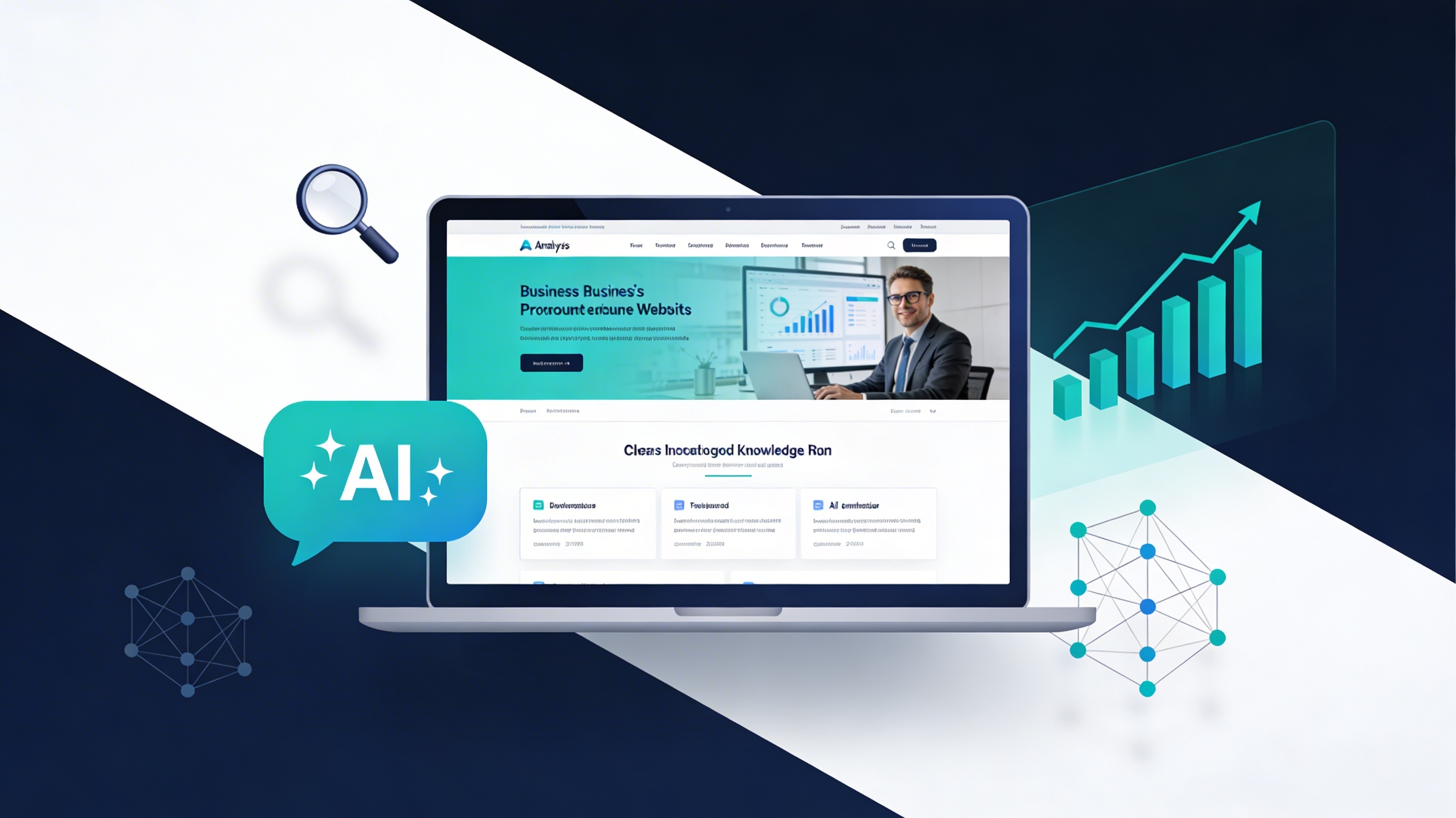 AI search engines analyzing and understanding a business website with knowledge graph and data elements
