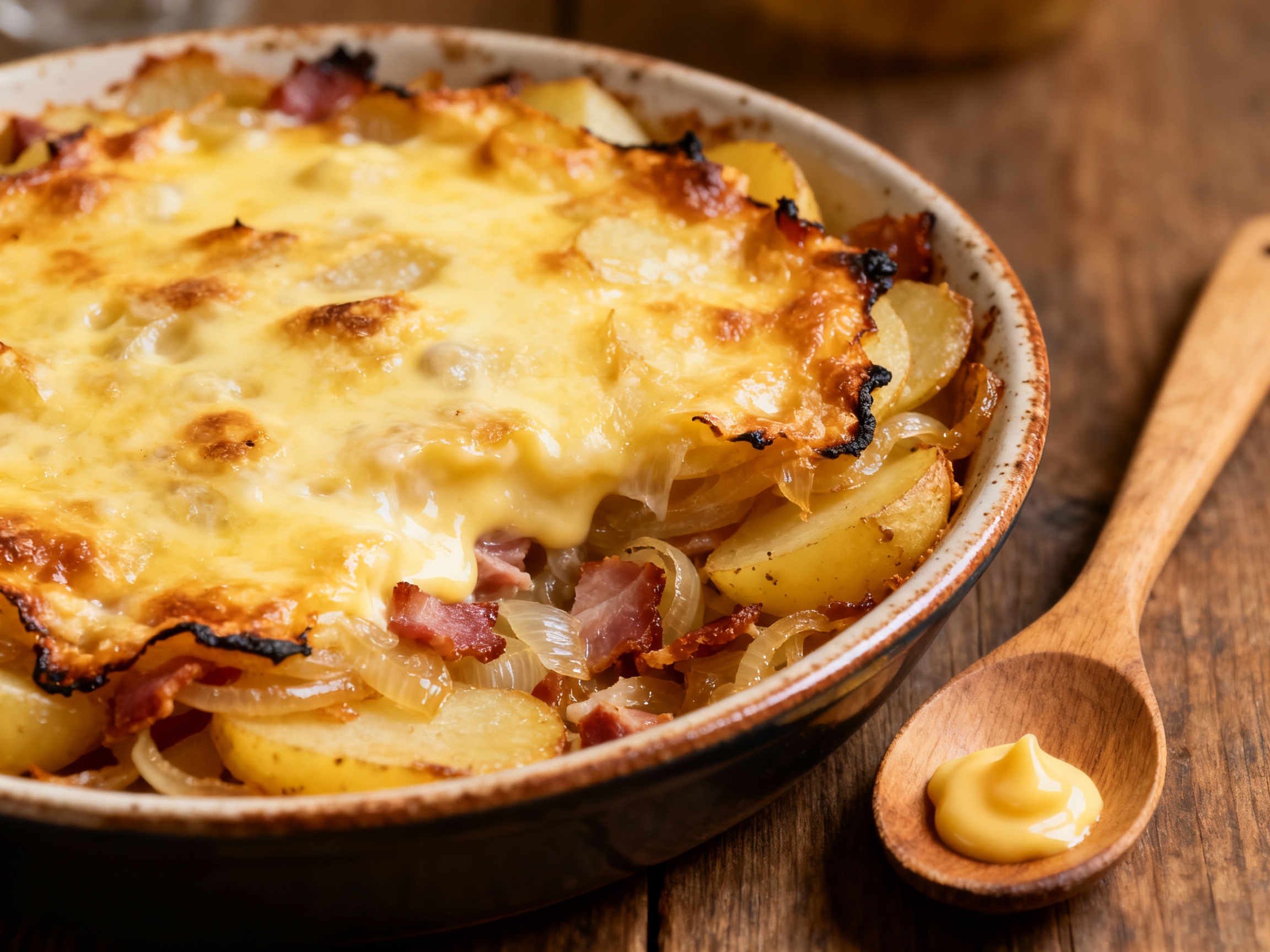 realistic tartiflette in family serving plate