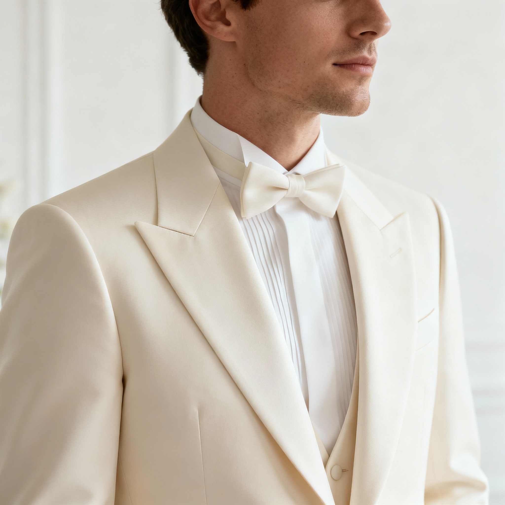 Groom in ivory cream tuxedo modern alternative style