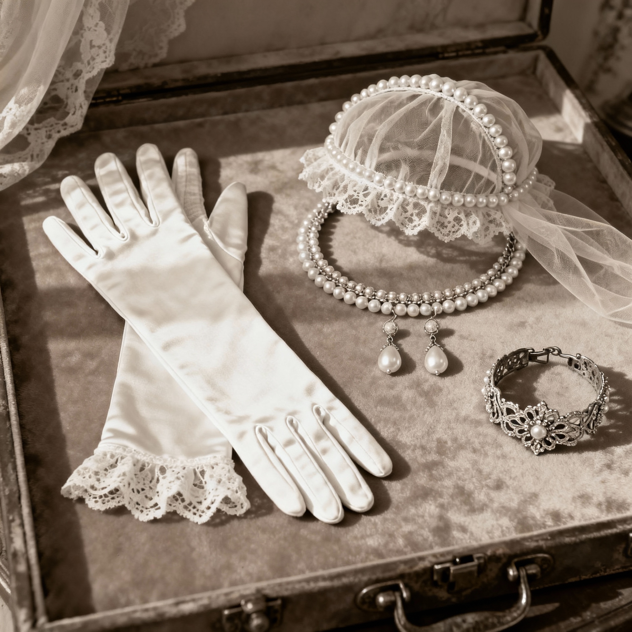 Vintage bridal accessories with gloves, Juliet cap and pearl jewelry