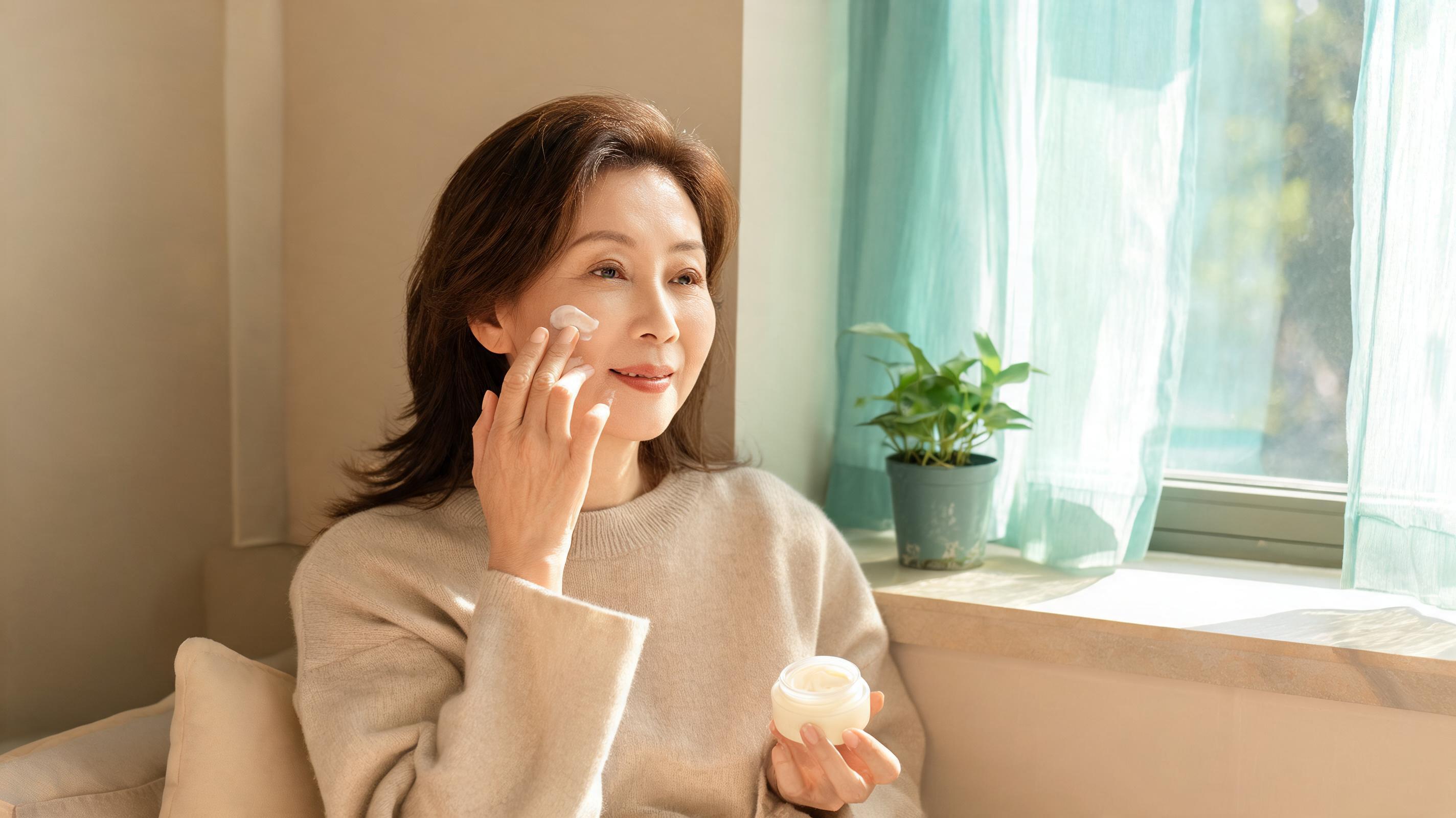 Donna sui 50 anni che applica serenamente una crema viso vicino a una finestra
