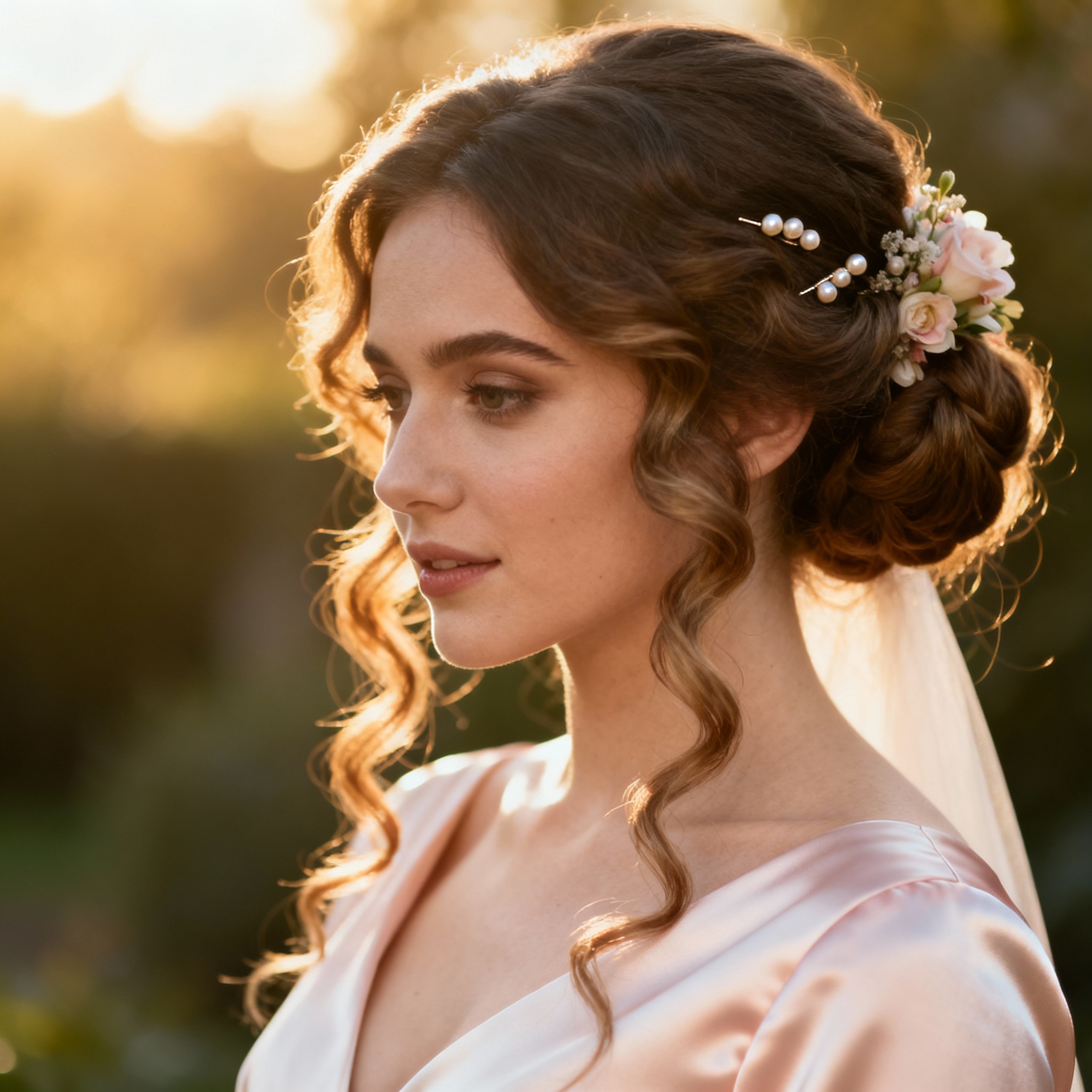 Woman with luxe waves hairstyle, soft curls, wedding updo elegant styling