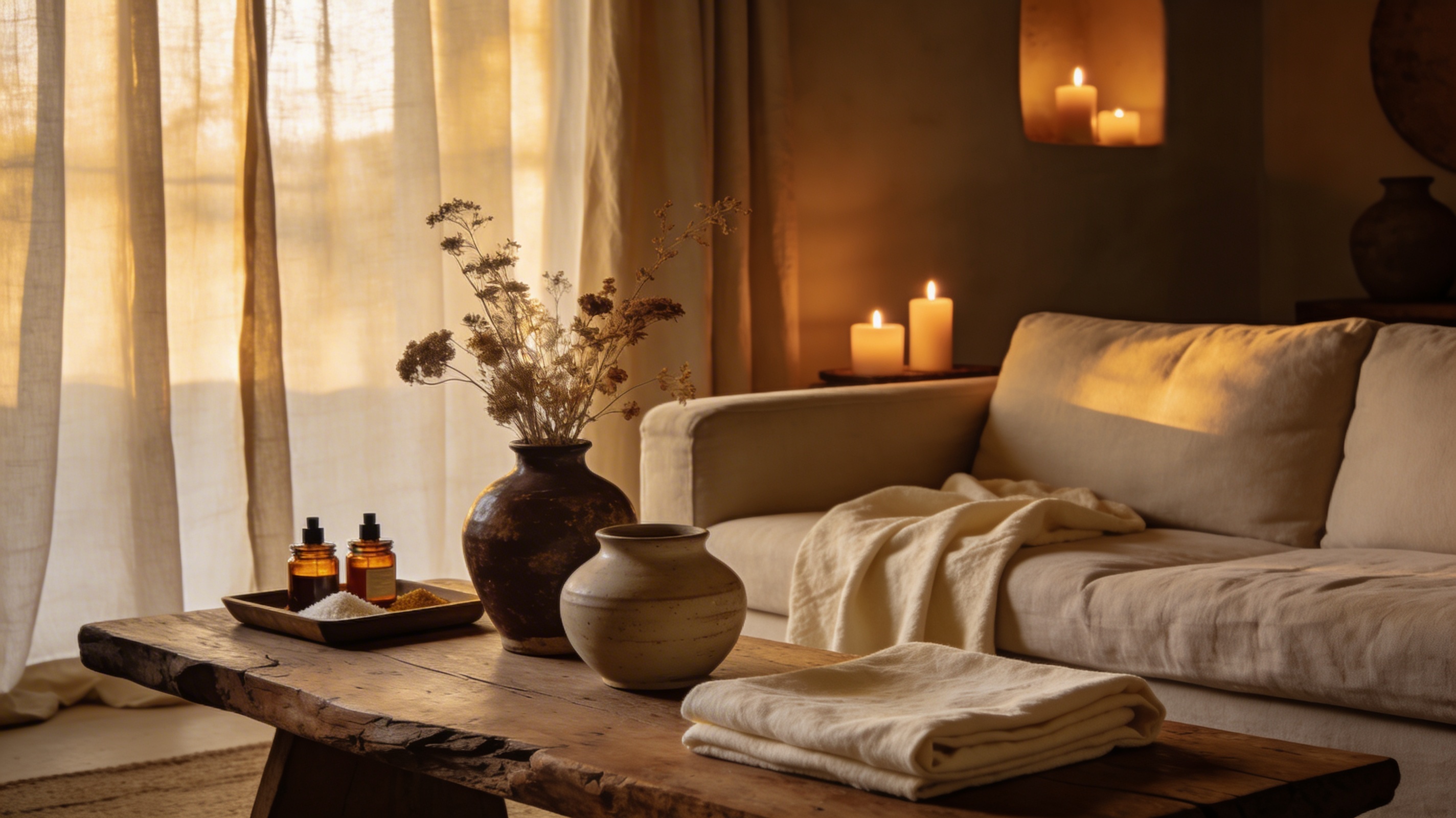 A warmly lit vacation rental living room with ritual bath products and linen textiles