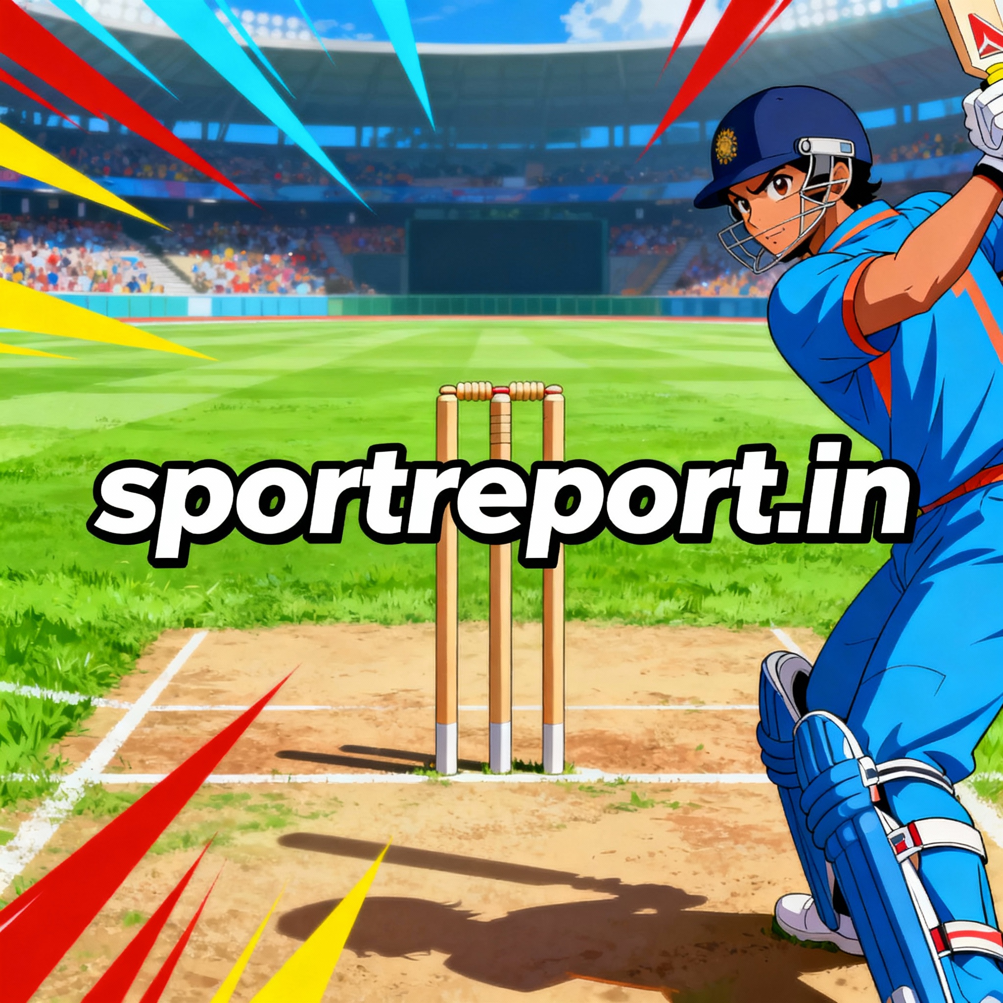 Another anime-style cricket poster for sportreport.in with vibrant cricket elements