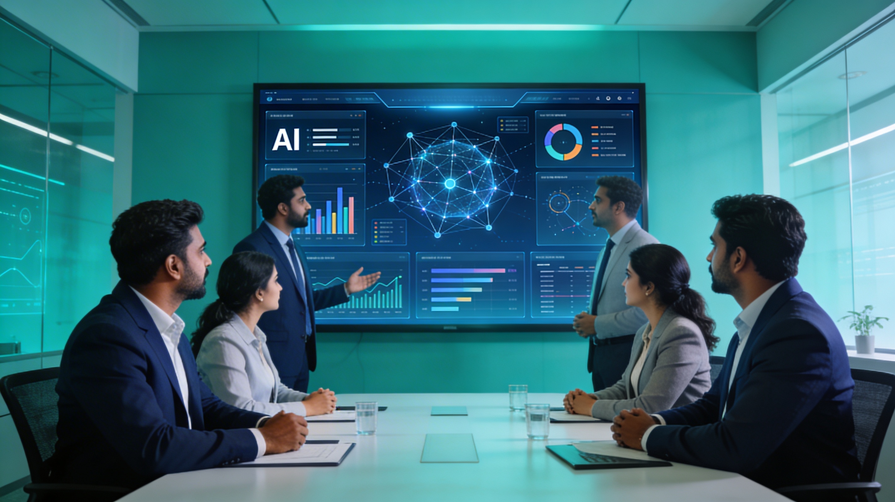 Indian corporate executives collaborating in a modern AI strategy session