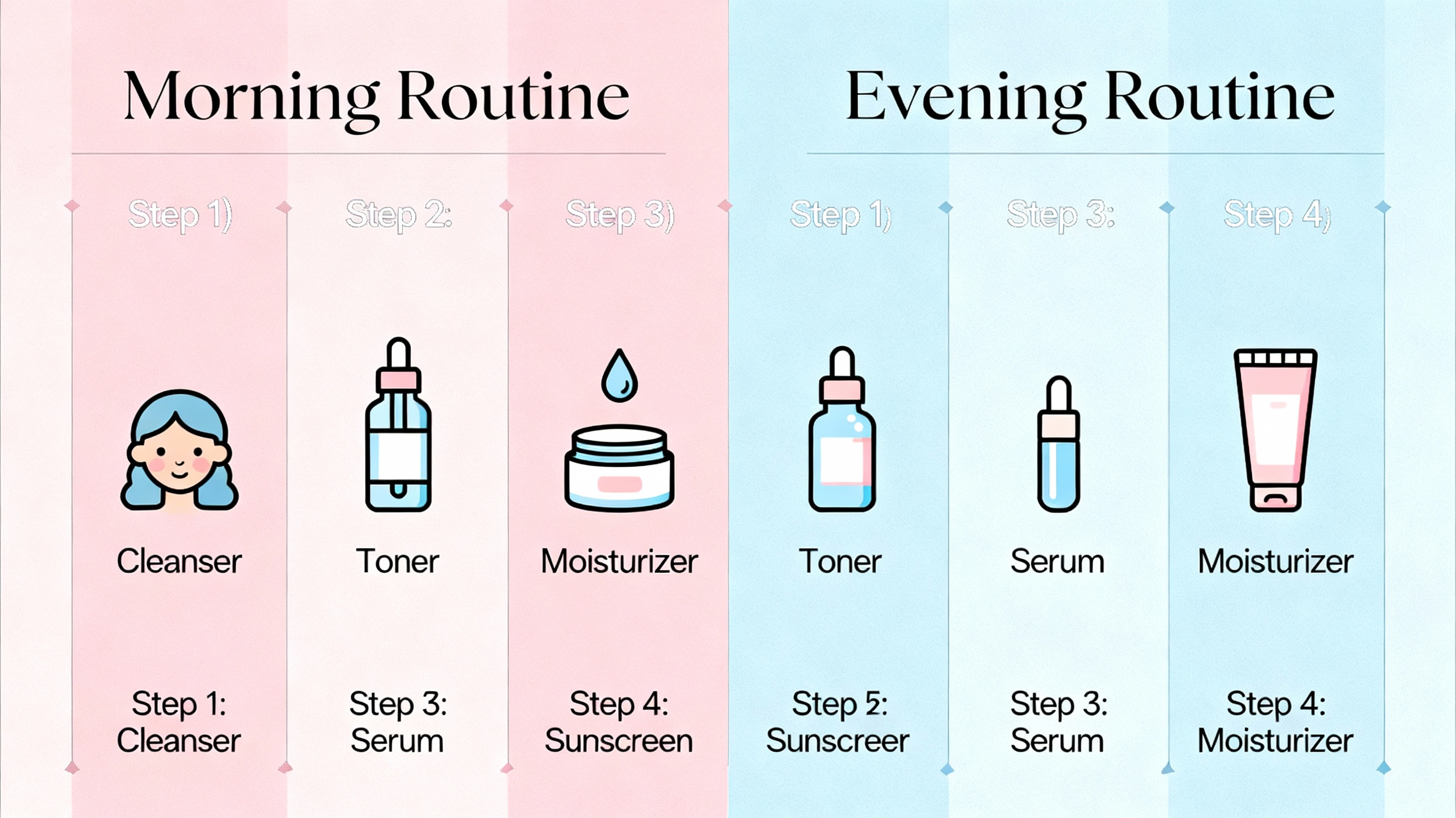 Routine beauté matin et soir - Étapes soin visage nettoyage hydratation sérums crèmes protection solaire