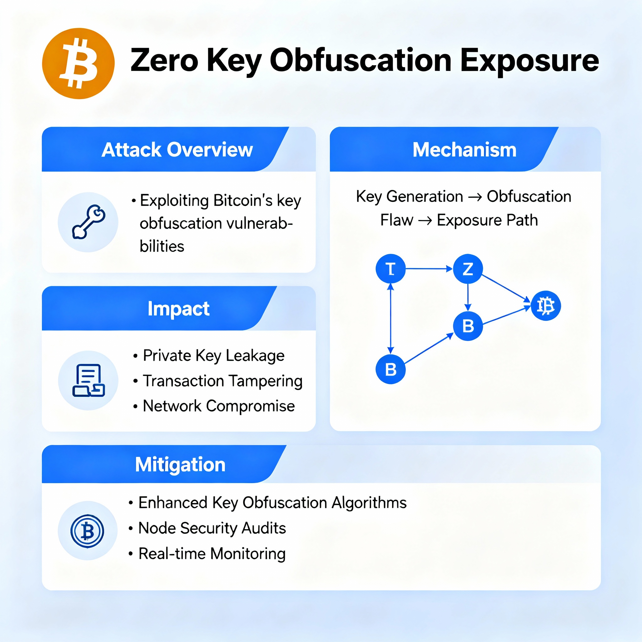 Research diagram: Zero Key Obfuscation Exposure attack, Bitcoin logo, key cryptographic breach stages
