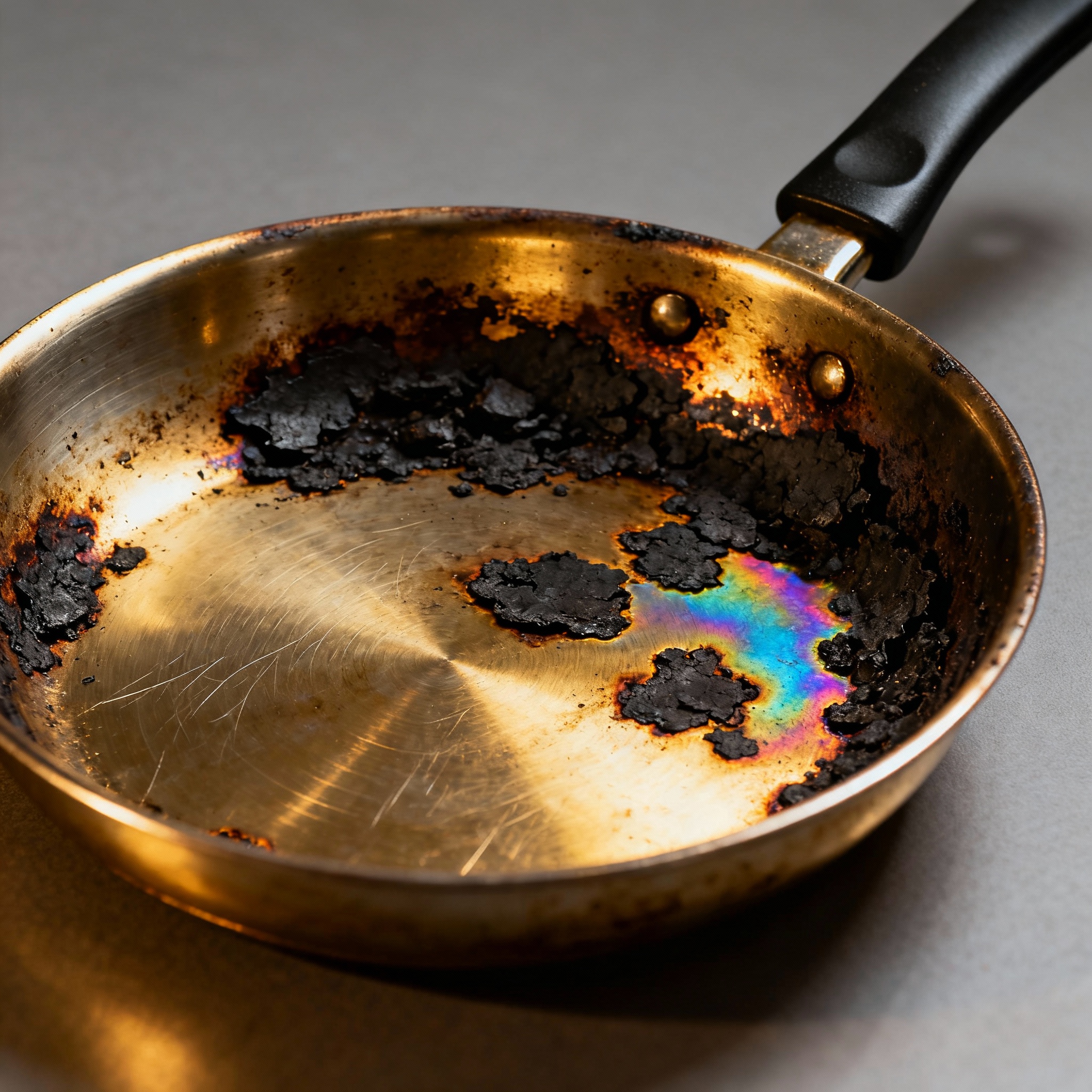 Burnt stainless steel pan with rainbow discoloration marks