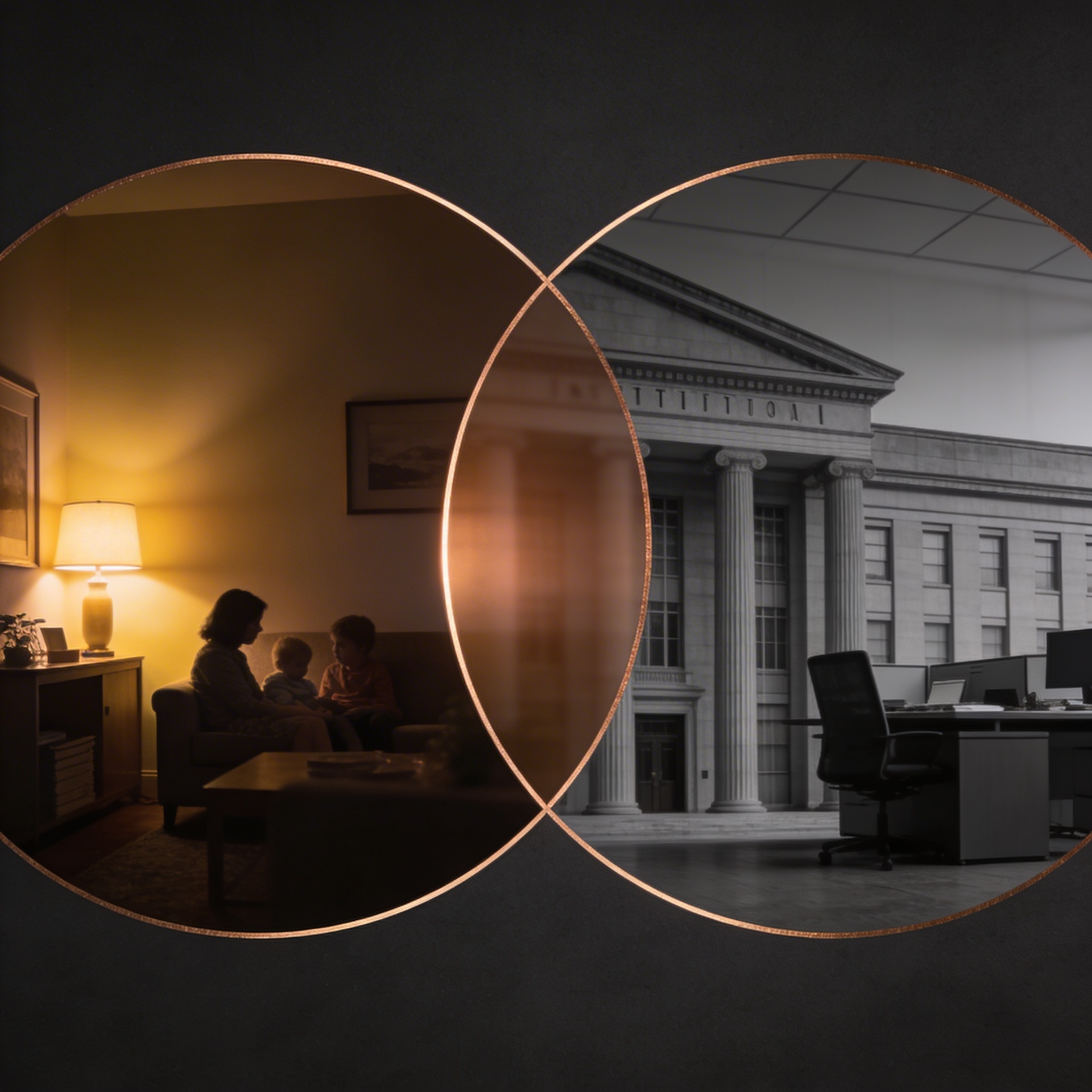 Two overlapping circles — home and institution — meeting in warm light