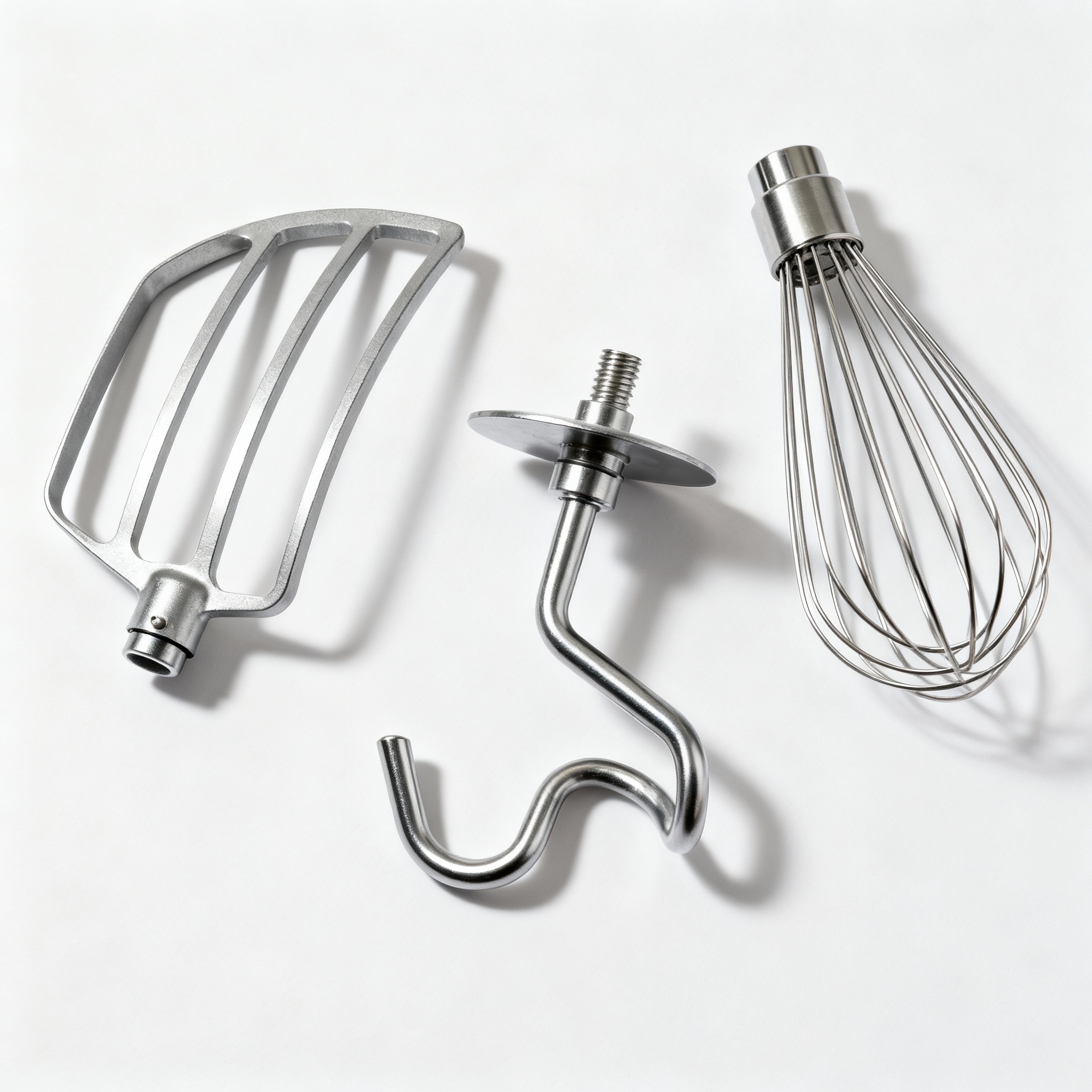 The three main stand mixer attachments: flat beater, dough hook, and wire whisk
