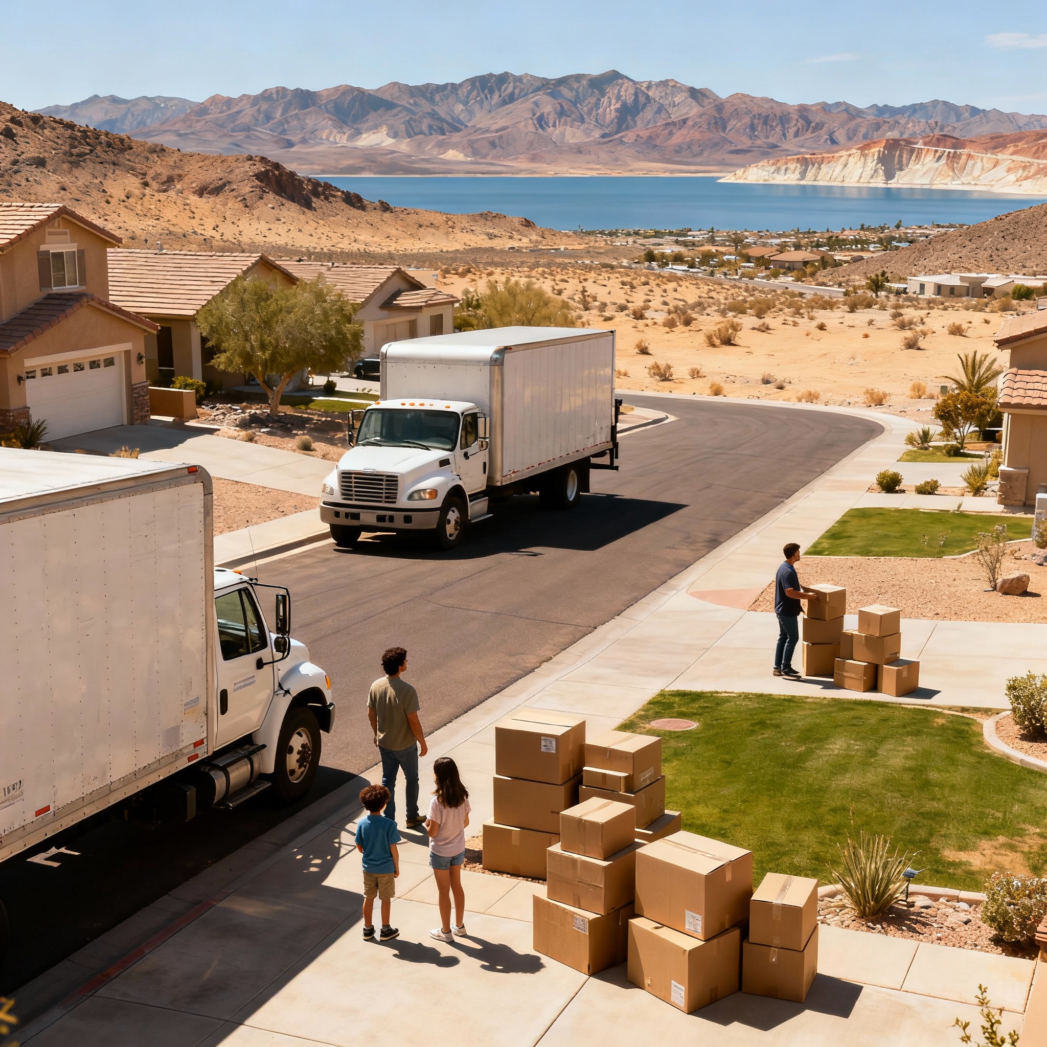 Boulder City Nevada family relocation with moving trucks and suburban homes in desert setting