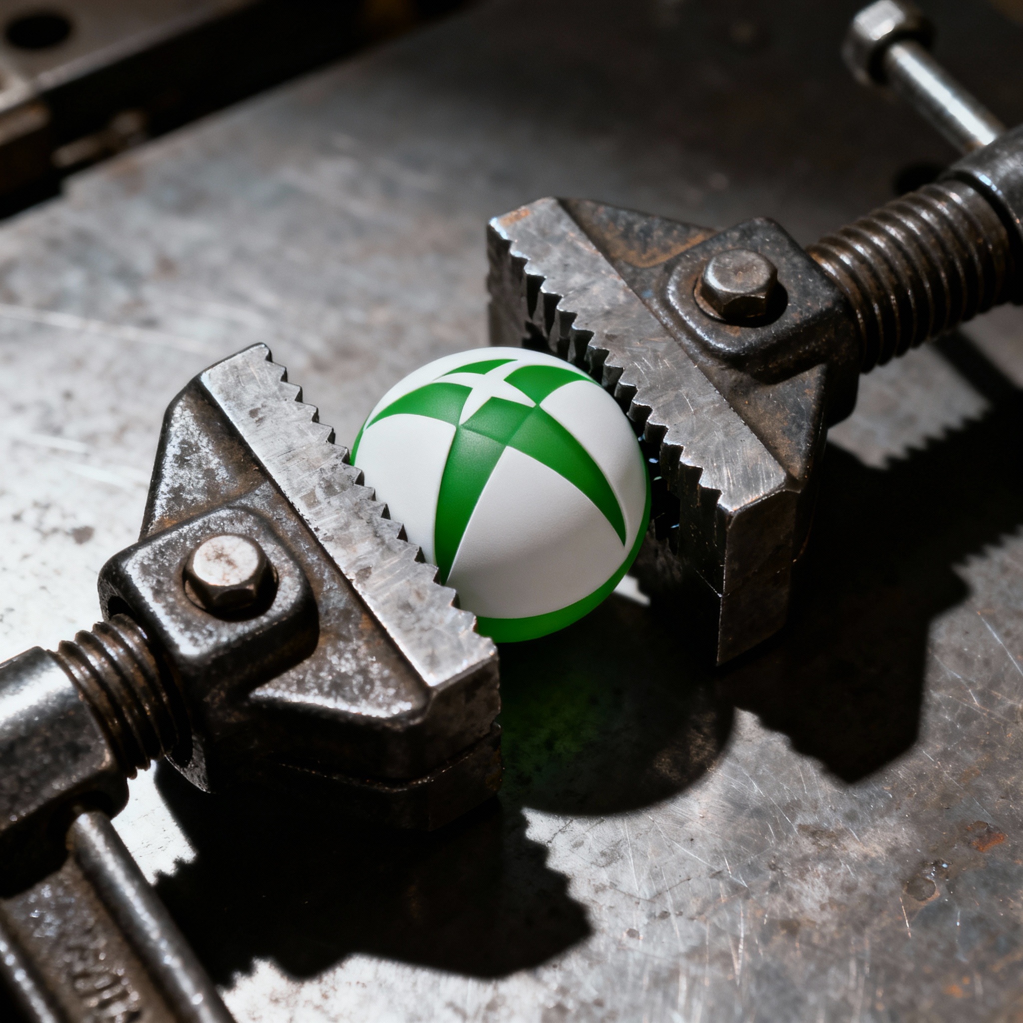 Xbox logo crushed in a tightening vice, symbolizing Microsoft's profit margin pressure