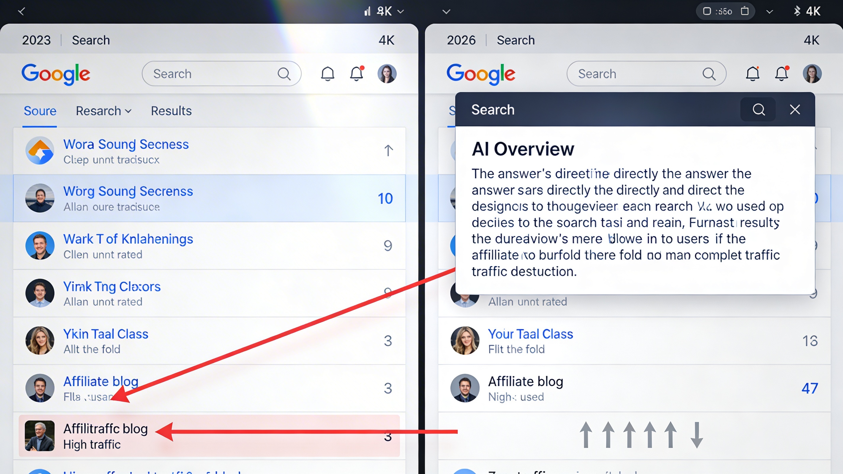 Ultra photorealistic split-screen comparison of Google search results before and after AI Overviews. Left side shows 2023 Google with 10 blue hyperlinks clearly visible, an affiliate blog ranking at position 3 with high traffic arrows pointing to it. Right side shows 2026 Google dominated by a massive AI Overview box spanning the entire top half of the screen displaying the answer directly, the same affiliate blog buried at position 47 below the fold with zero traffic arrows.