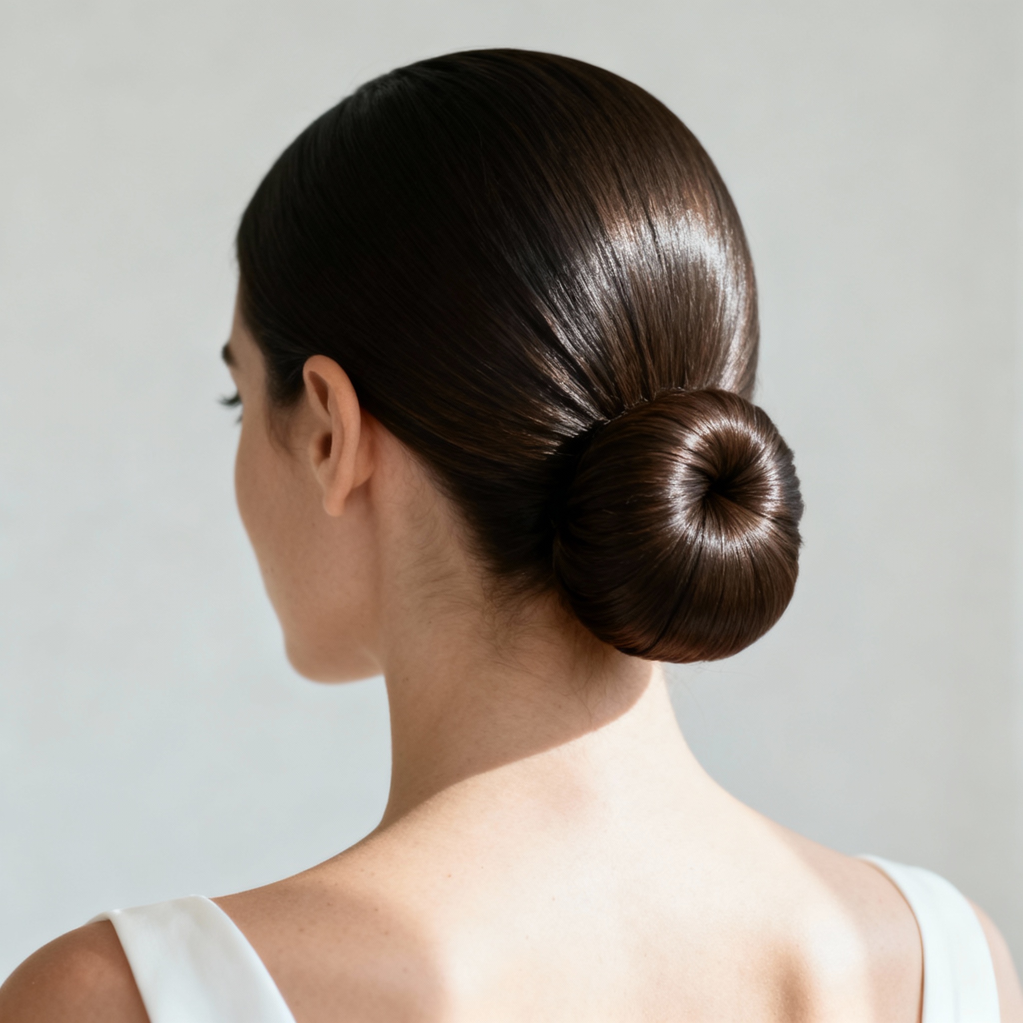 Woman with elegant chic low bun hairstyle, minimalist wedding hair, sophisticated updo